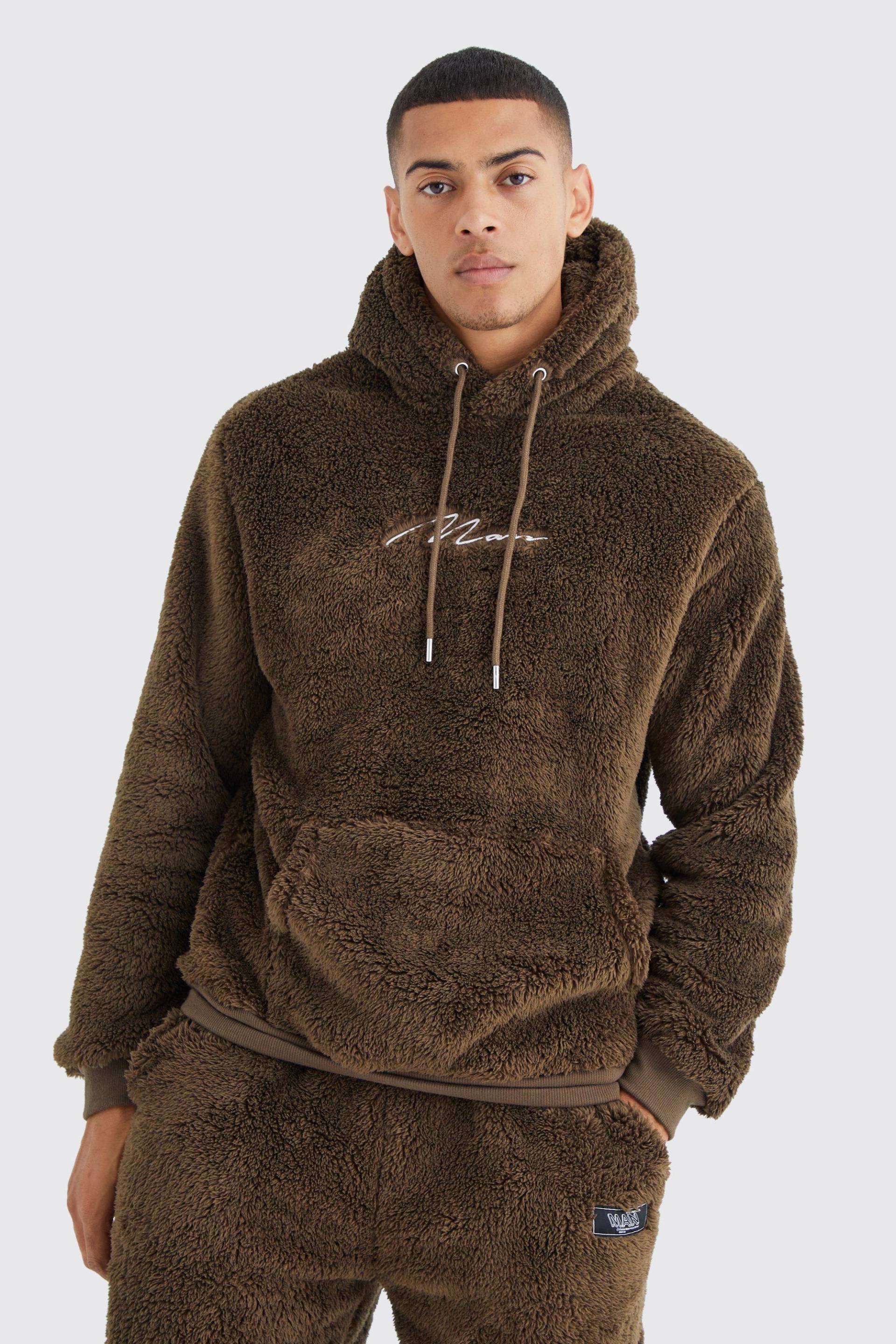 Man Signature Borg-Hoodie - Khaki - S, Khaki von boohoo