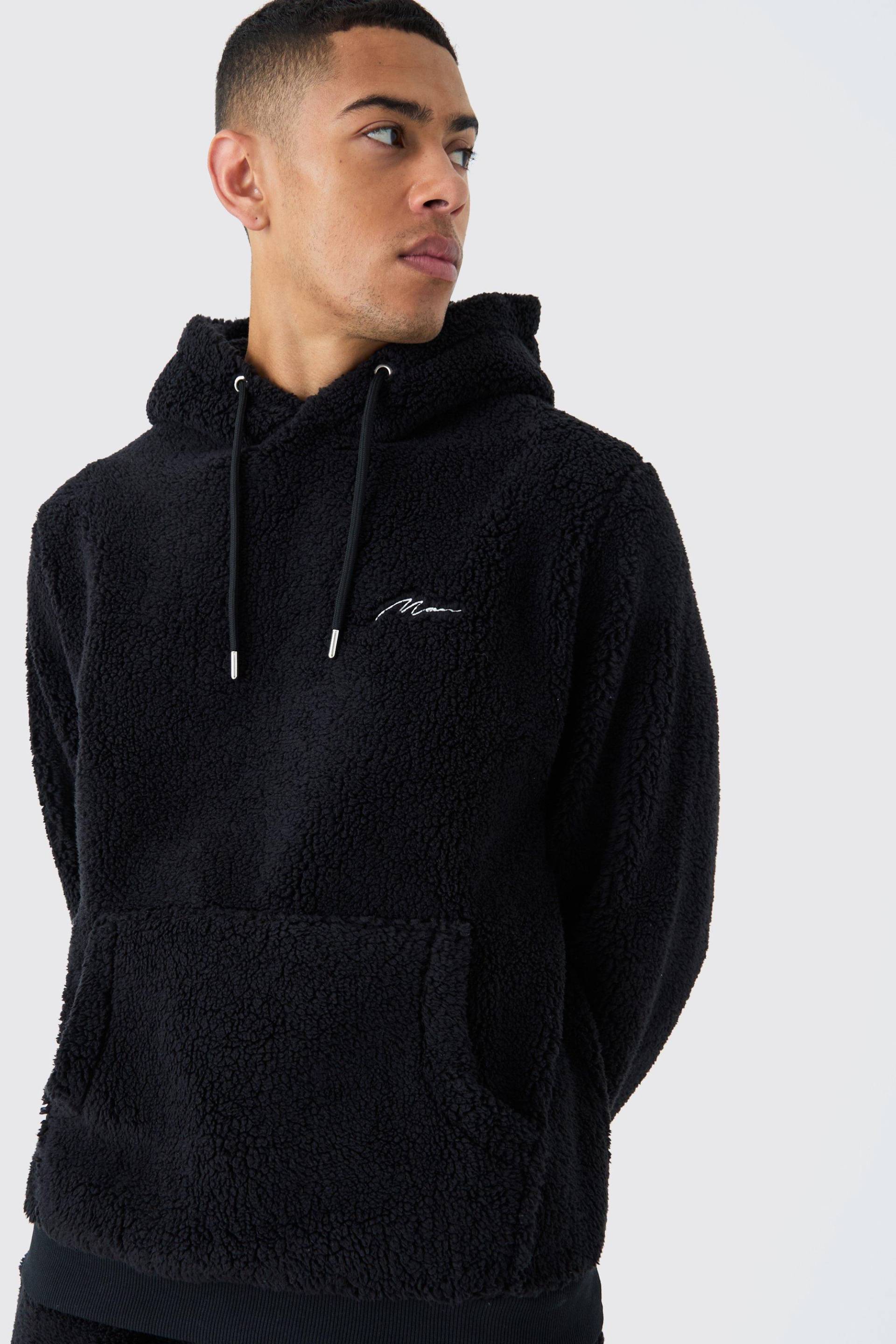 Man Signature Borg-Hoodie - Black - S, Black von boohoo