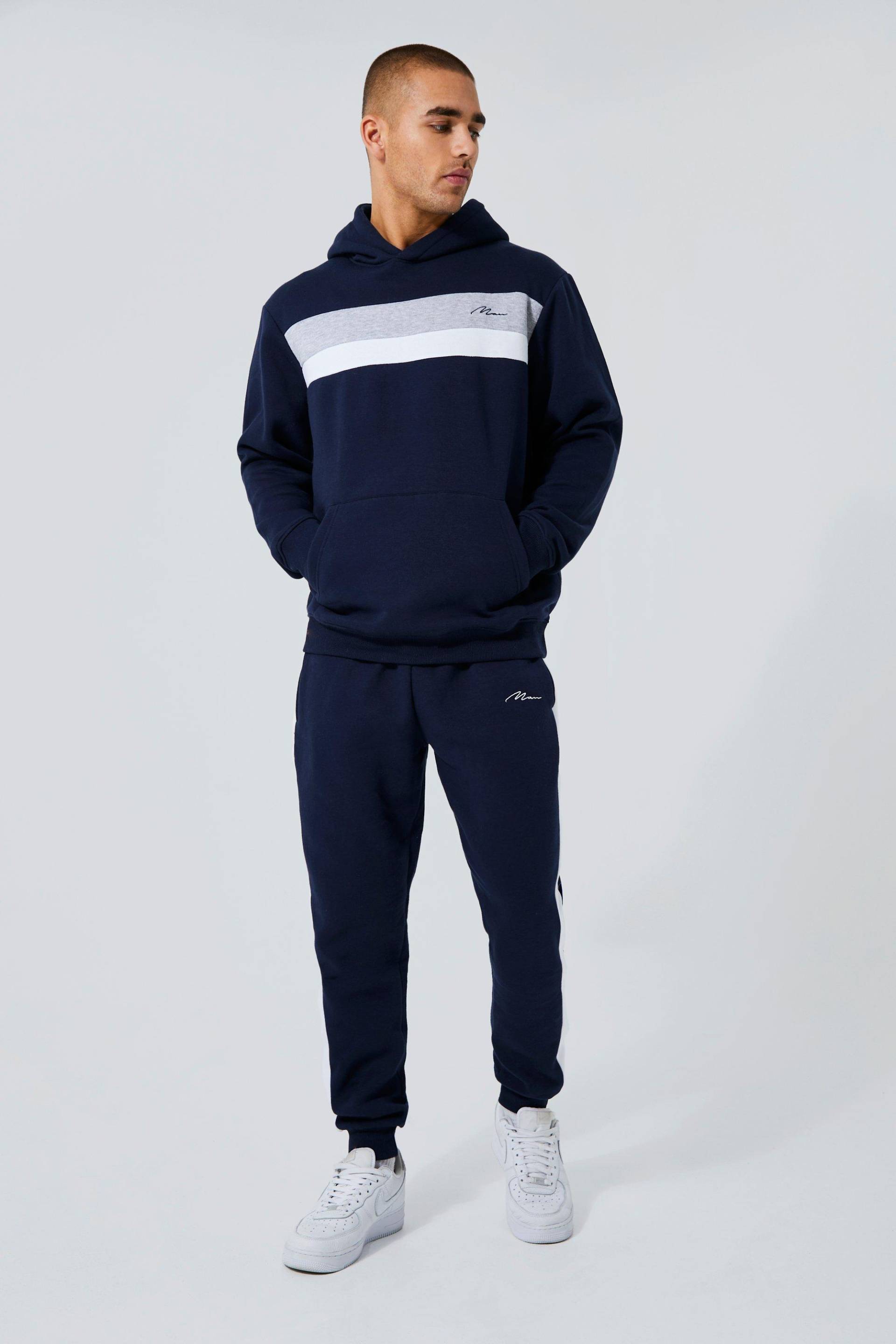 Man Signature Colorblock Trainingsanzug Mit Kapuze - Navy - S, Navy von boohoo