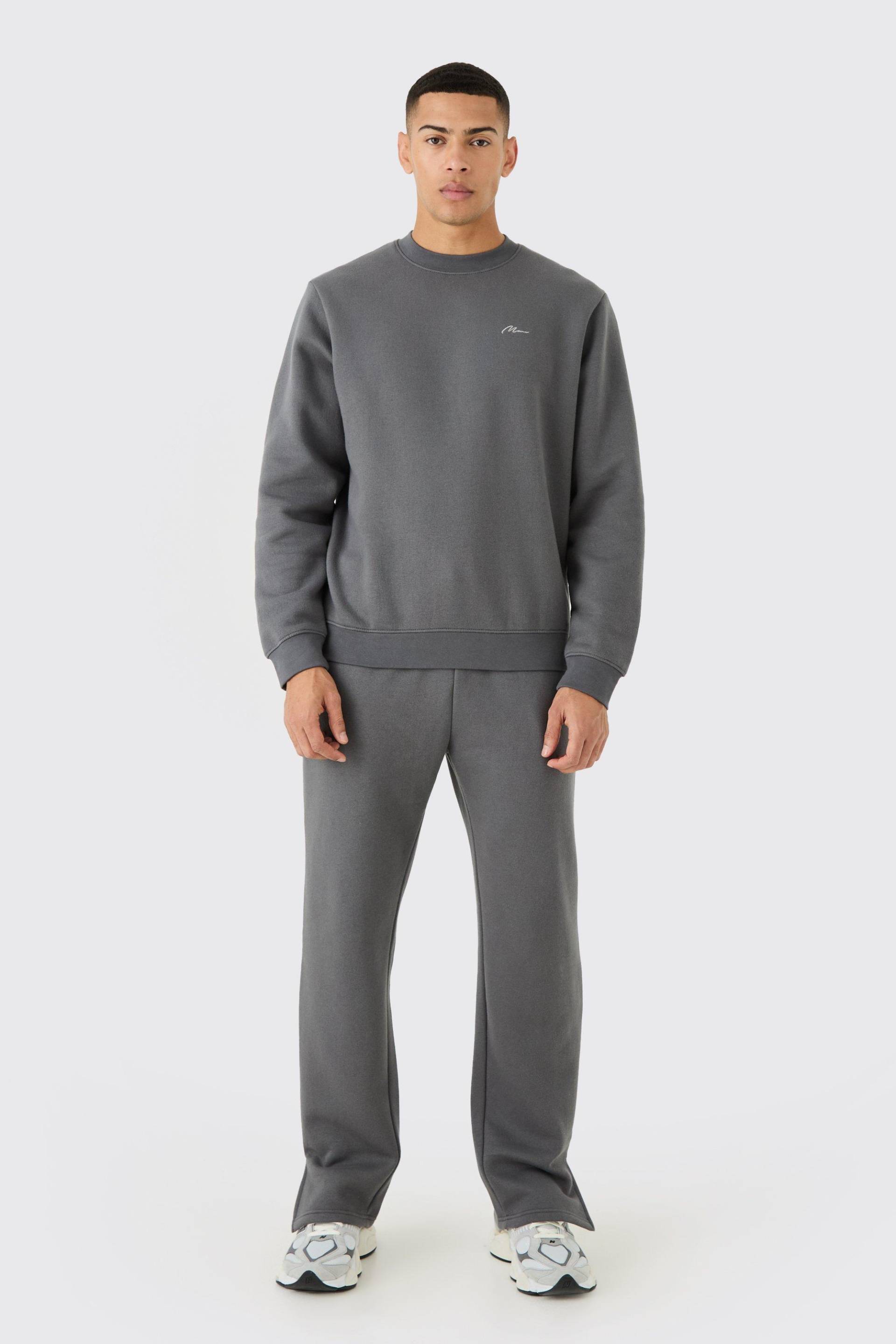 Man Signature Sweatshirt-Trainingsanzug Mit Geteiltem Saum - Charcoal - L, Charcoal von boohoo