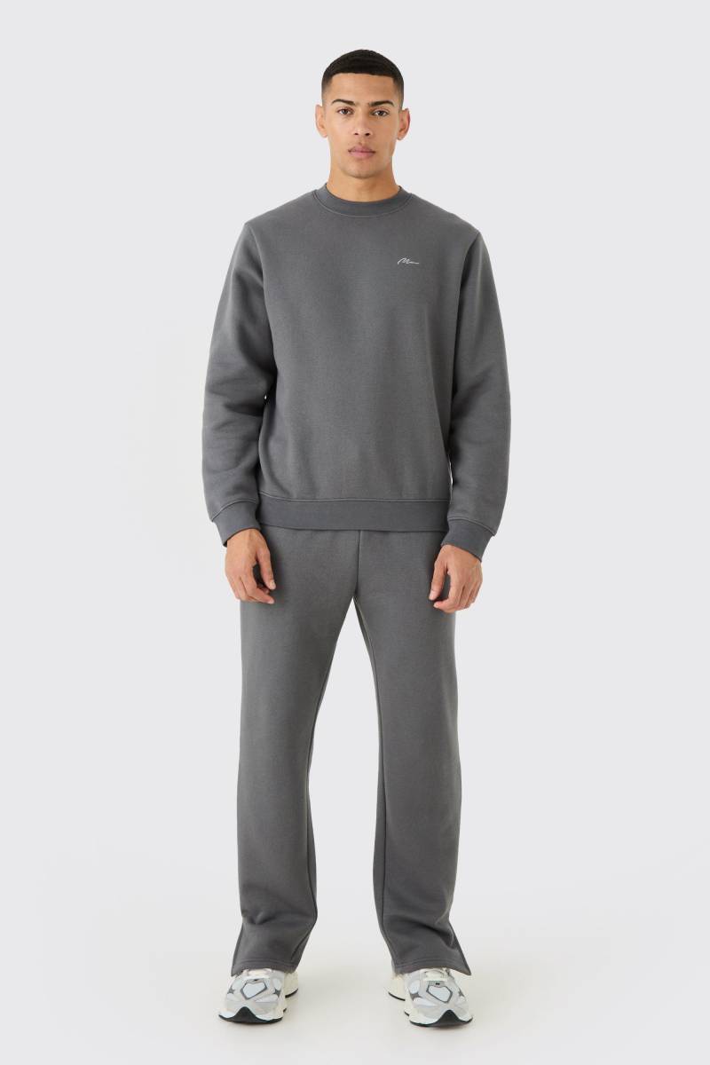 Man Signature Sweatshirt-Trainingsanzug Mit Geteiltem Saum - Charcoal - M, Charcoal von boohoo