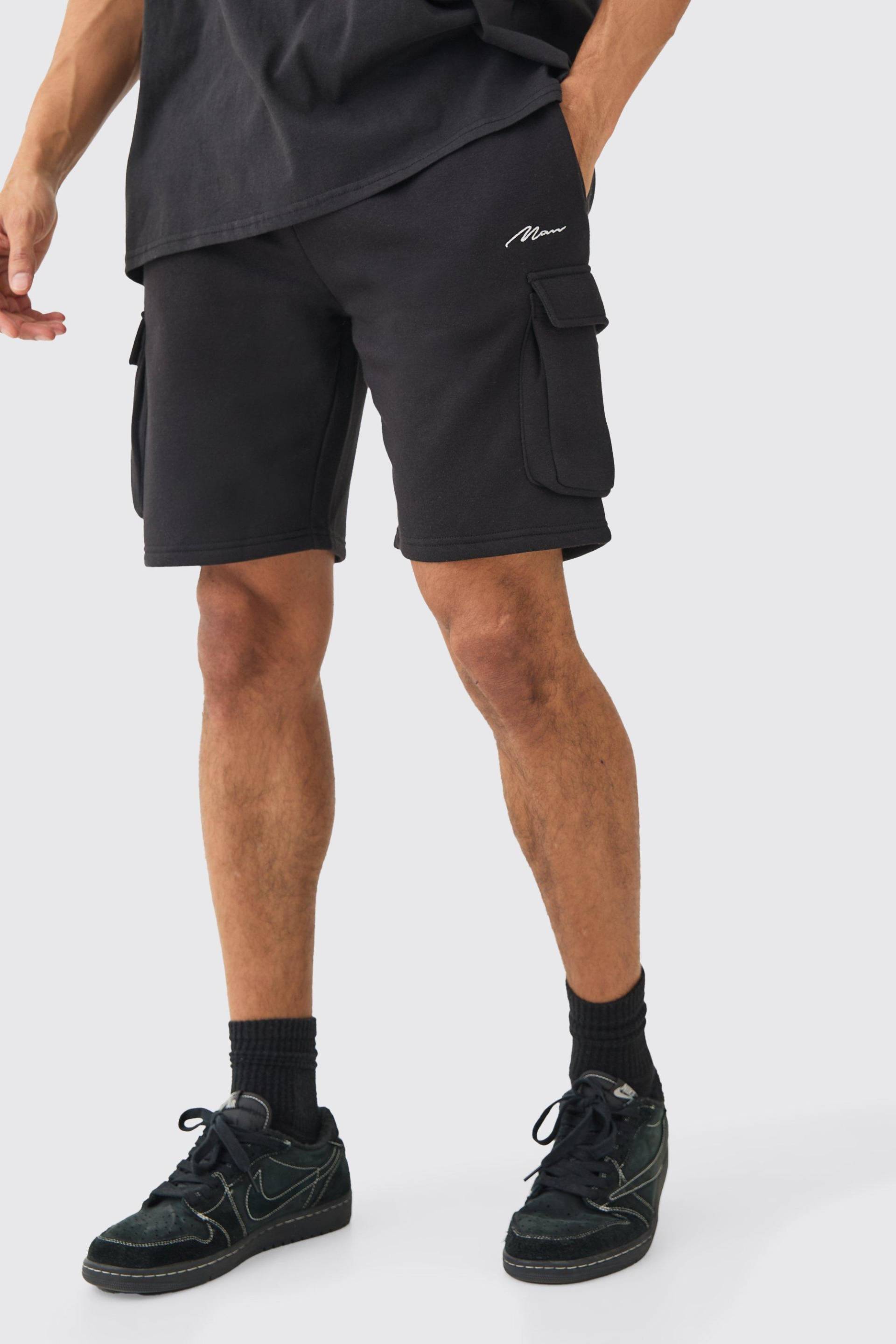 Man Signature Loose Fit, Mid Length Cargo Short - Black - S, Black von boohoo