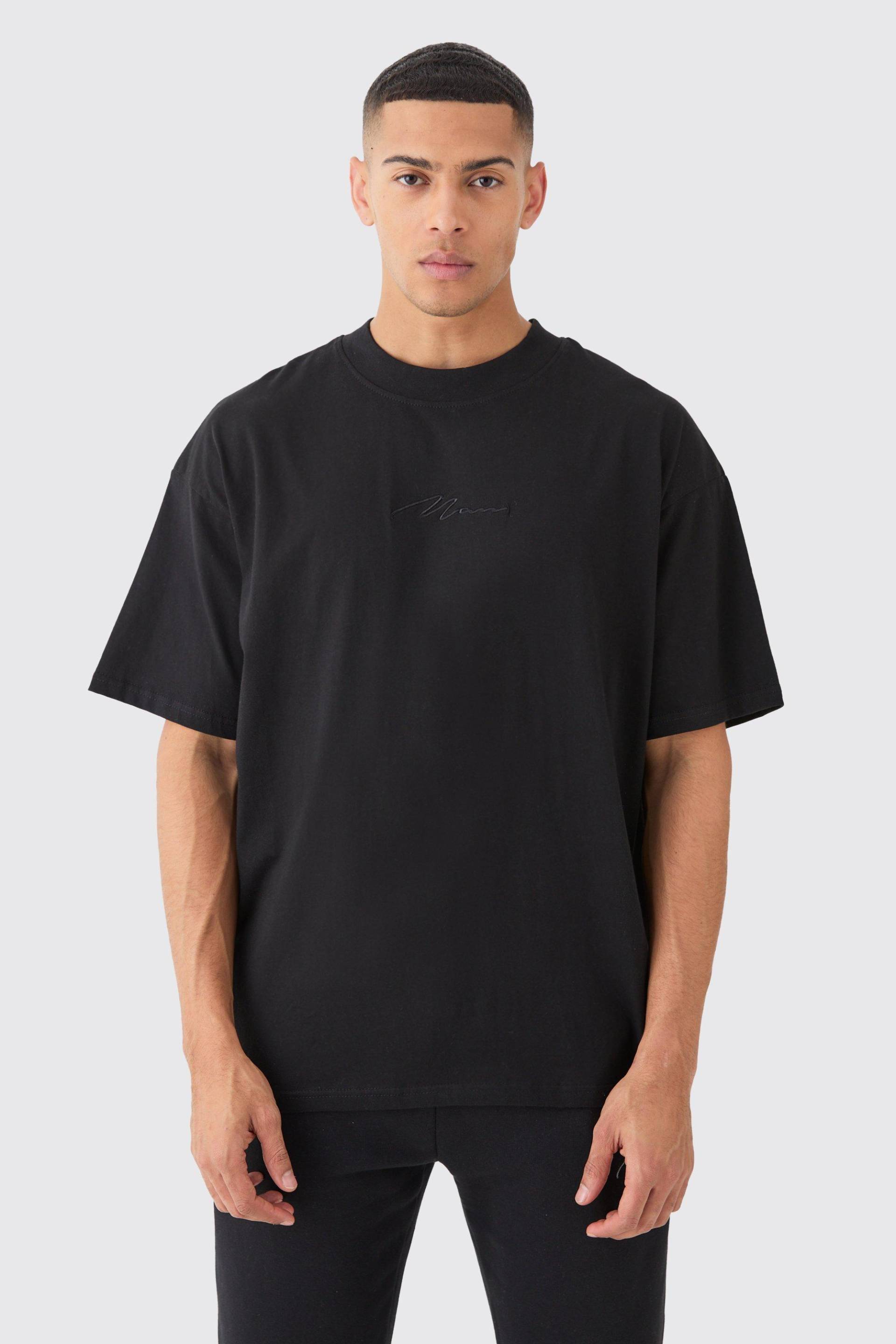 Man Signature Oversized Basic Extended Neck T-Shirt - Black - L, Black von boohoo