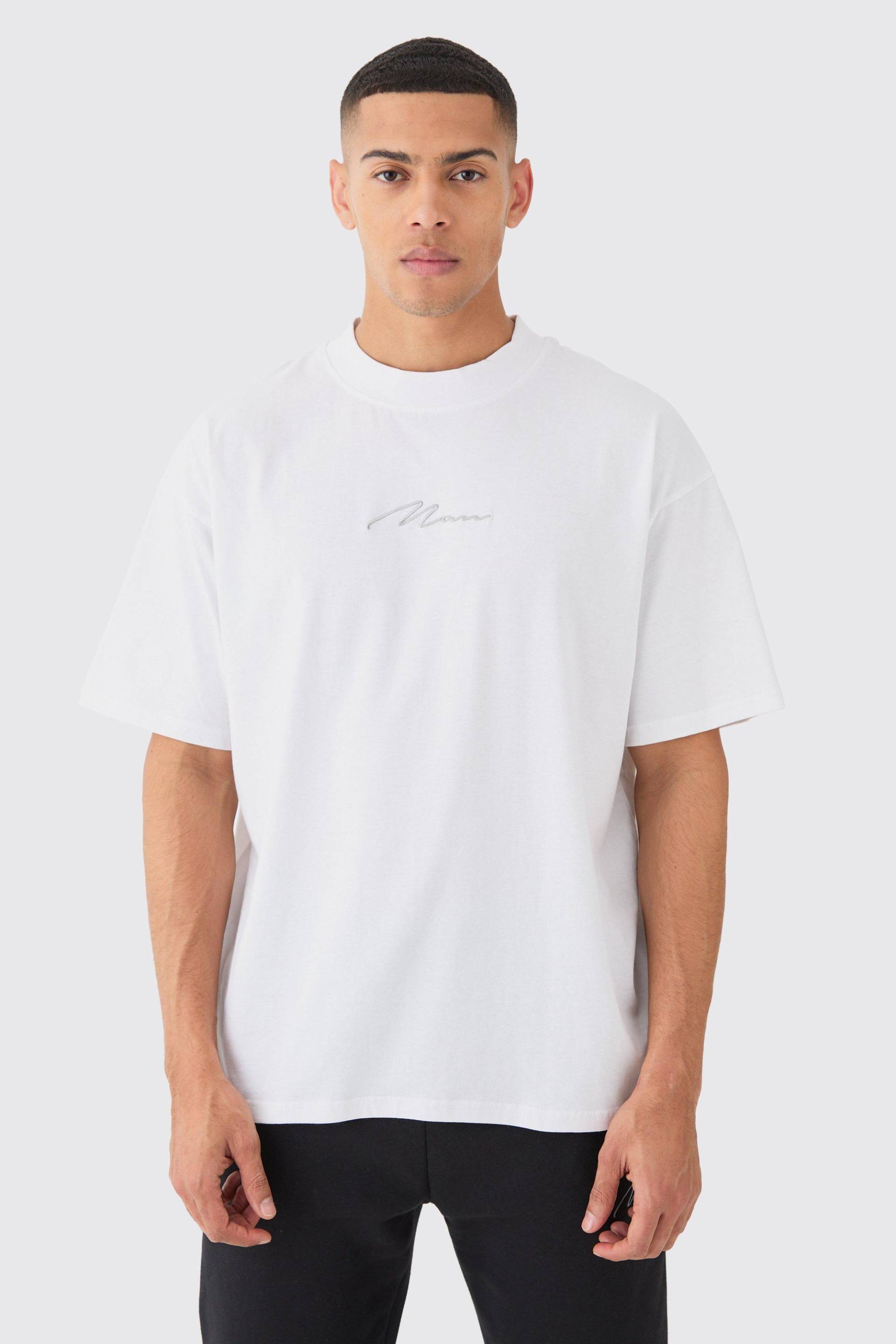 Man Signature Oversized Basic Extended Neck T-Shirt - White - L, White von boohoo