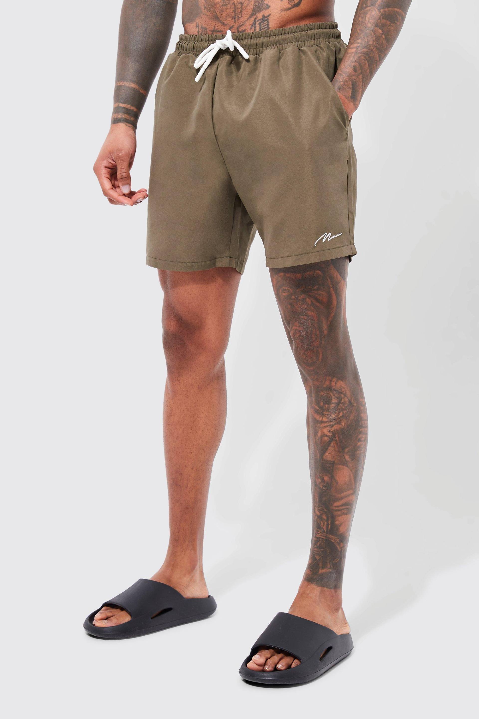 Mittellange Man Signature Badehose - Khaki - Xs, Khaki von boohoo