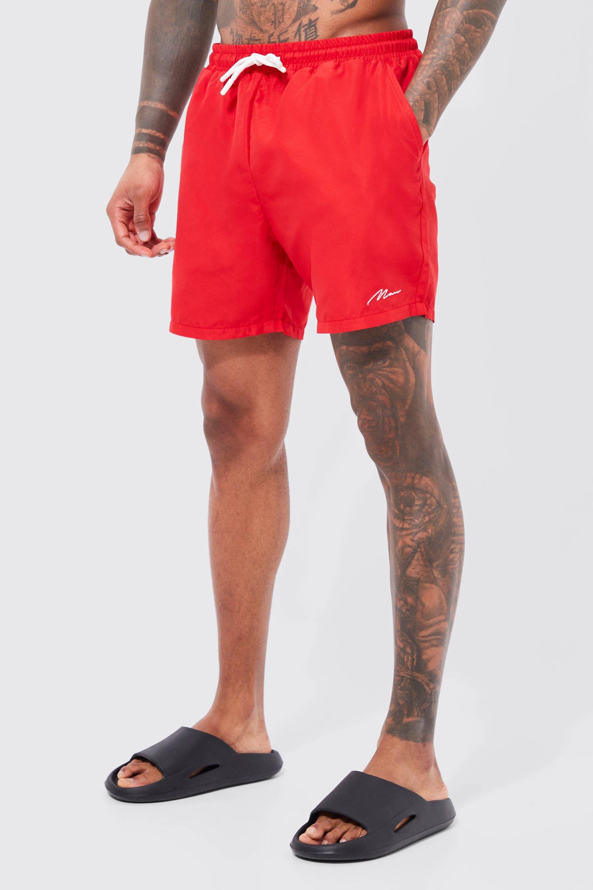 Mittellange Man Signature Badehose - Red - S, Red von boohoo