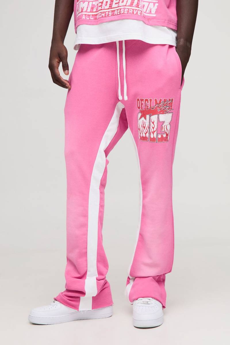Ofcl Man Spray Wash Stacked Flared Joggers - Pink - M, Pink von boohoo
