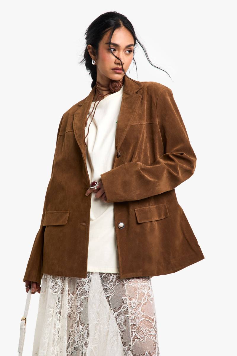 Oversize Blazer In Vintage-Optik Aus Wildlederimitat - Tan - 34, Tan von boohoo