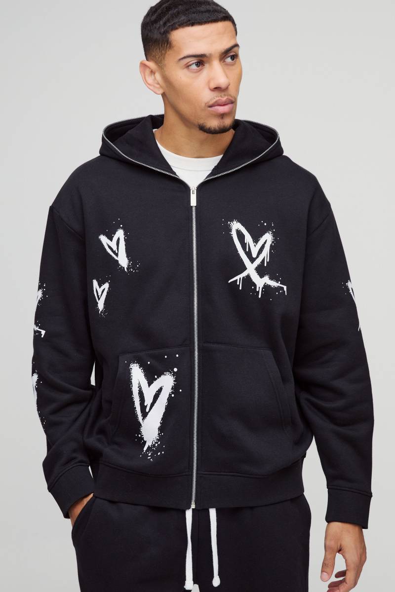 Oversize Hoodie Mit Reißverschluss Und Herz-Print - Black - Xs, Black von boohoo