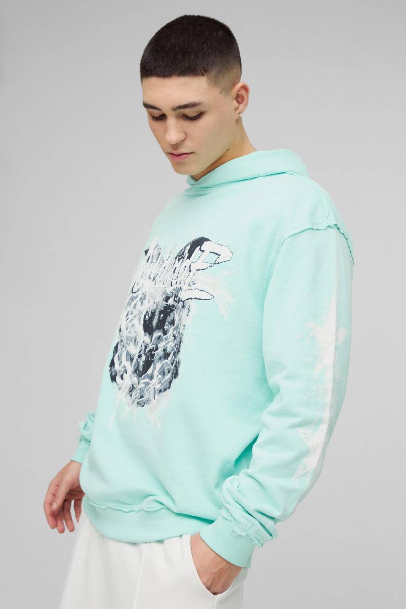 Oversize Hoodie Mit Rohem Saum Und Worldwide-Print - Turquoise - M, Turquoise von boohoo