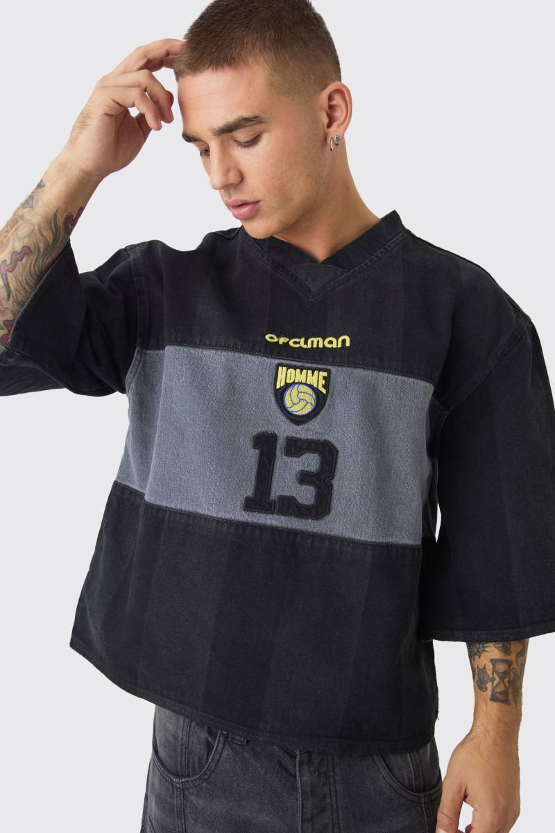 Oversize Jeans T-Shirt Mit Fußball-Stickerei - Washed Black - Xs, Washed Black Oversize Jeans T-Shirt Mit Fußball-Stickerei - Washed Black - Xs, Washed Black von boohoo
