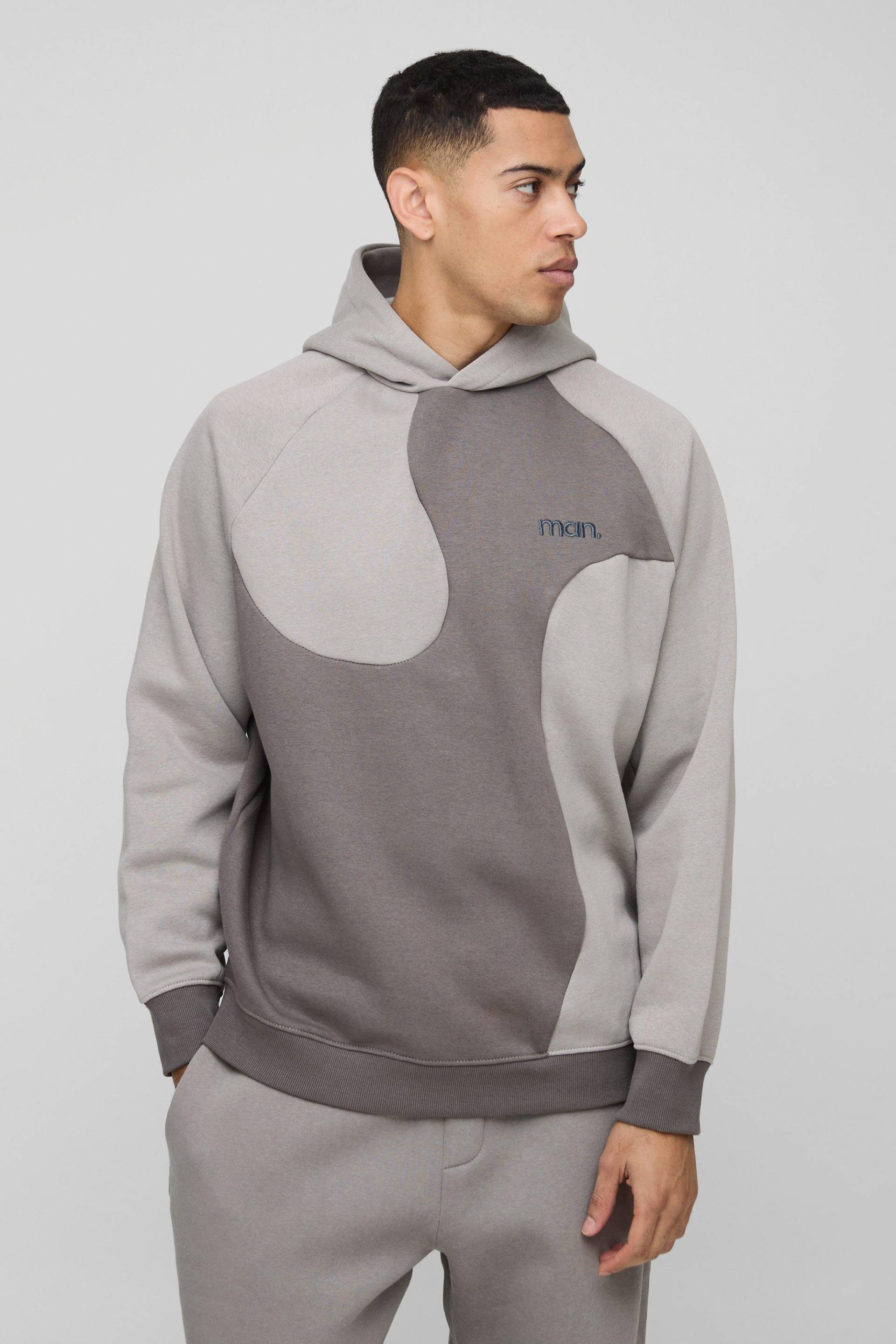 Oversize Man Colorblock Hoodie - Stone - M, Stone von boohoo