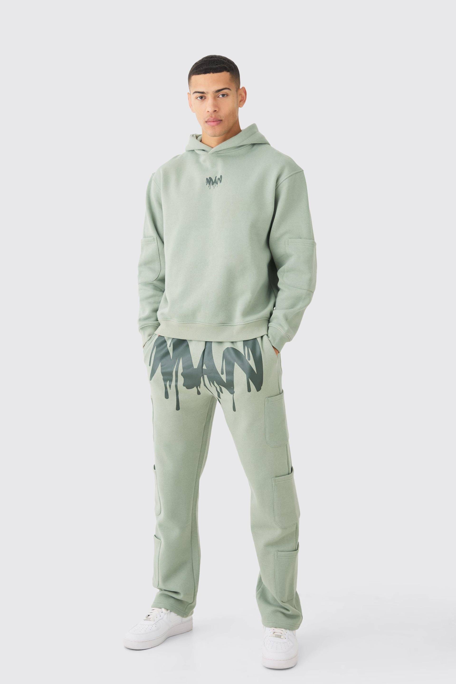 Oversize Man Trainingsanzug Mit Taschen Und Kapuze - Olive - M, Olive von boohoo