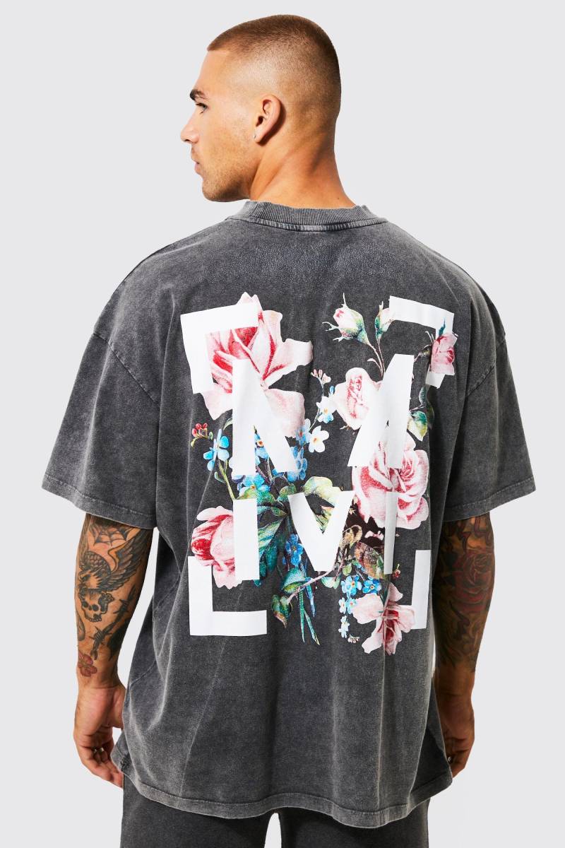Oversize T-Shirt Mit Acid-Waschung Und Floralem Print - Charcoal - Xs, Charcoal Oversize T-Shirt Mit Acid-Waschung Und Floralem Print - Charcoal - Xs, Charcoal von boohoo