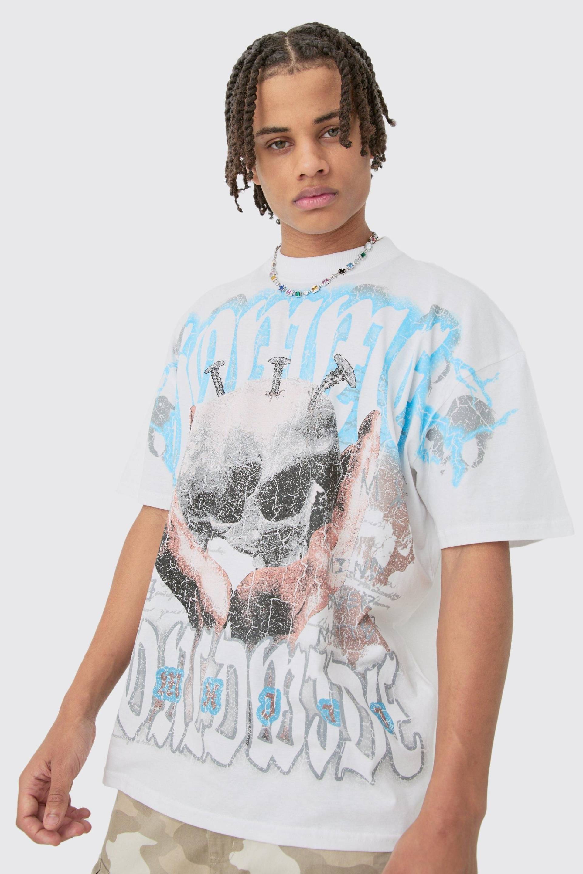 Oversize T-Shirt Mit Totenkopf-Print - White - Xl, White von boohoo
