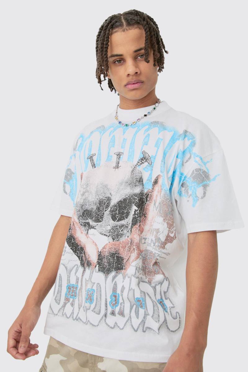 Oversize T-Shirt Mit Totenkopf-Print - White - Xl, White von boohoo
