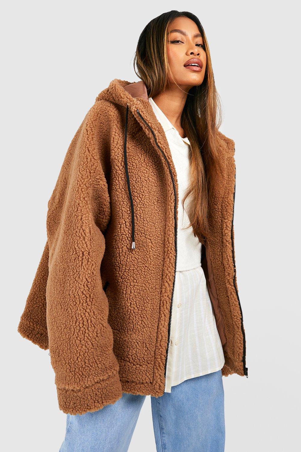 Oversize Teddy-Mantel Mit Kontrast-Detail - Camel - 36, Camel von boohoo