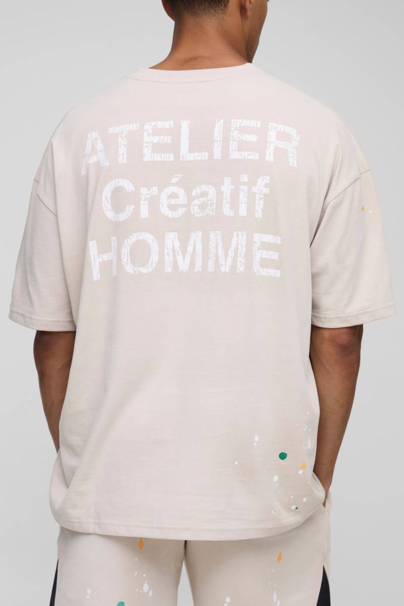 Oversized Atelier Washed Paint Splatter Pocket T-Shirt - Stone - M, Stone von boohoo