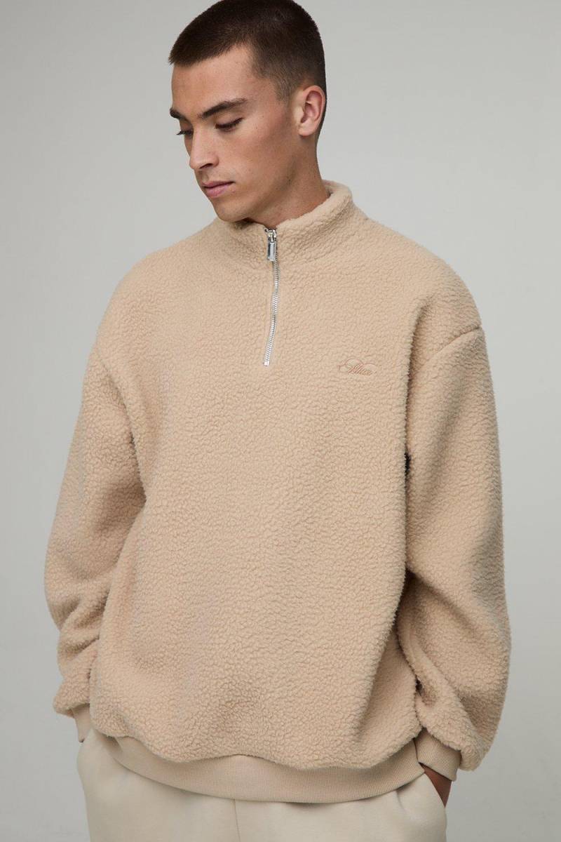 Oversized Borg Man Script Embroidered Quarter Zip Sweatshirt - Stone - S, Stone von boohoo
