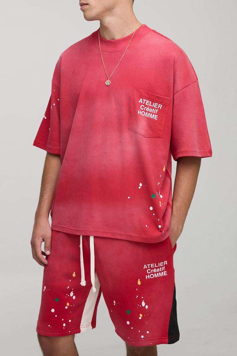 Oversized Boxy Atelier Washed Paint Splatter T-Shirt & Short Set - Red - L, Red von boohoo