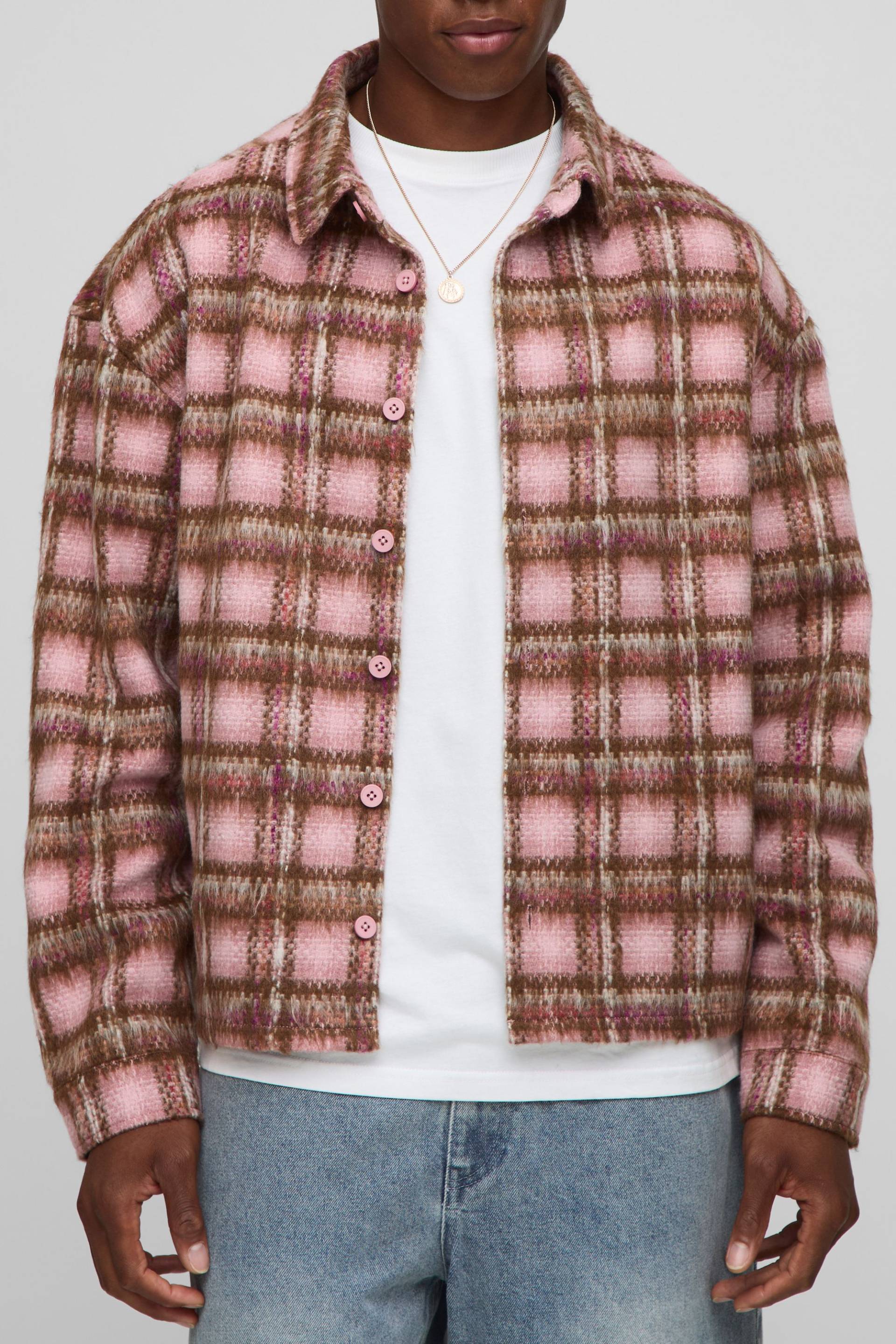 Oversized Boxy Brushed Check Overshirt - Pink - M, Pink von boohoo