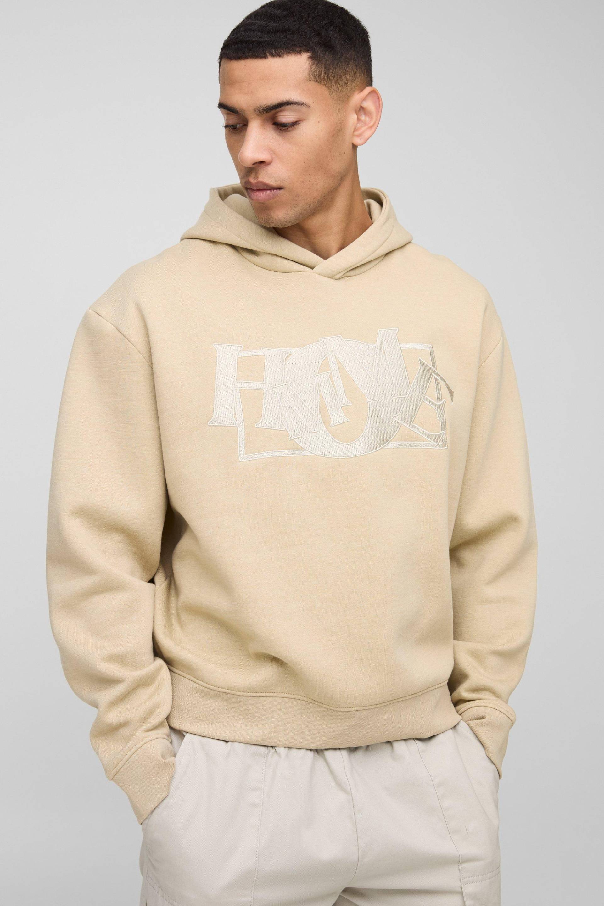 Kastiger Oversize Hoodie Mit Homme-Stickerei - Stone - L, Stone Kastiger Oversize Hoodie Mit Homme-Stickerei - Stone - L, Stone von boohoo