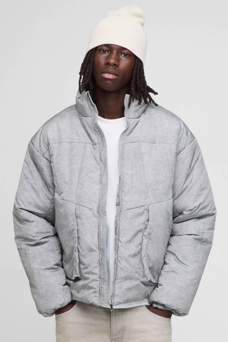 Oversized Boxy Fit Washed Nylon Padded Funnel Neck Puffer Jacket - Grey - M, Grey von boohoo