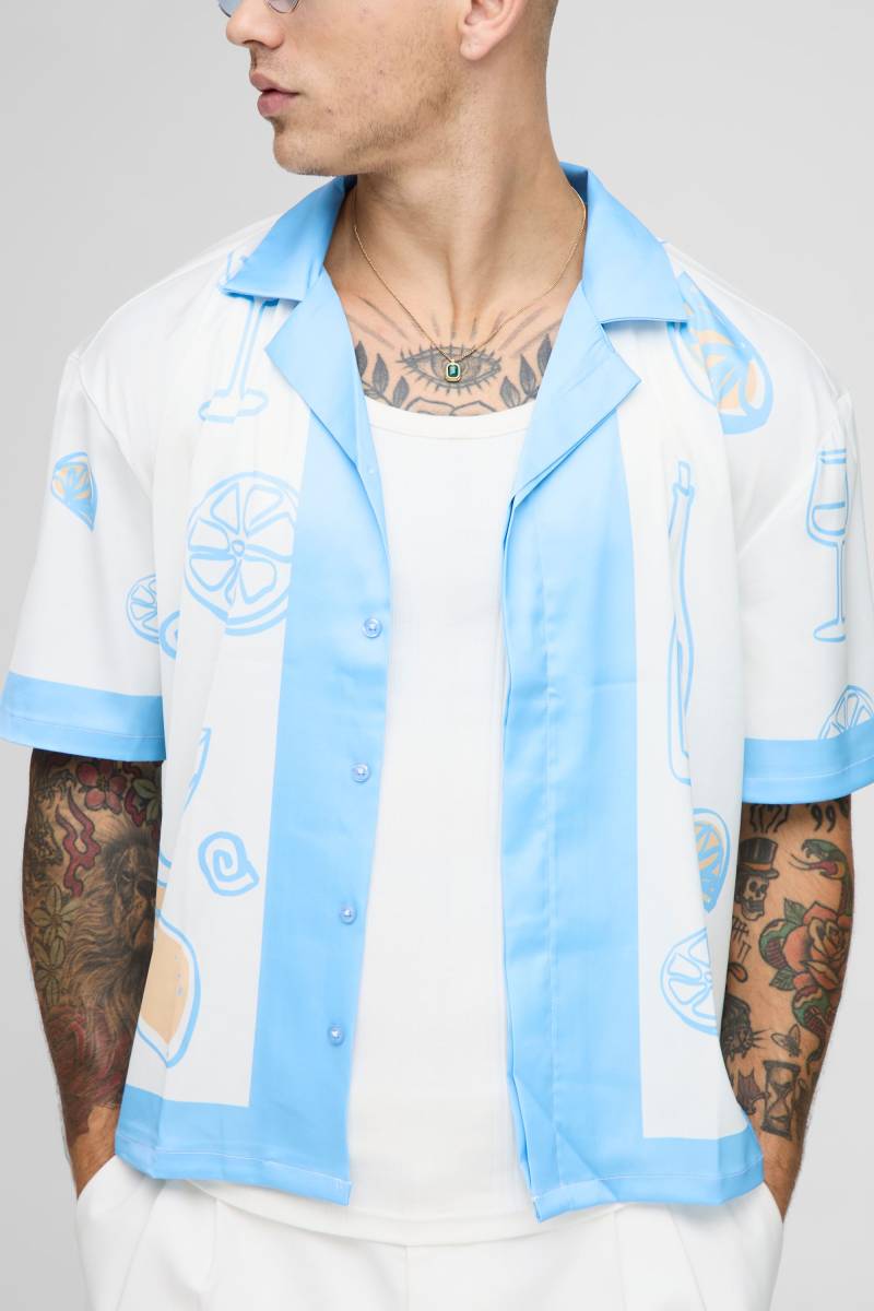 Oversized Boxy Fruit Print Satin Shirt - Light Blue - M, Light Blue von boohoo
