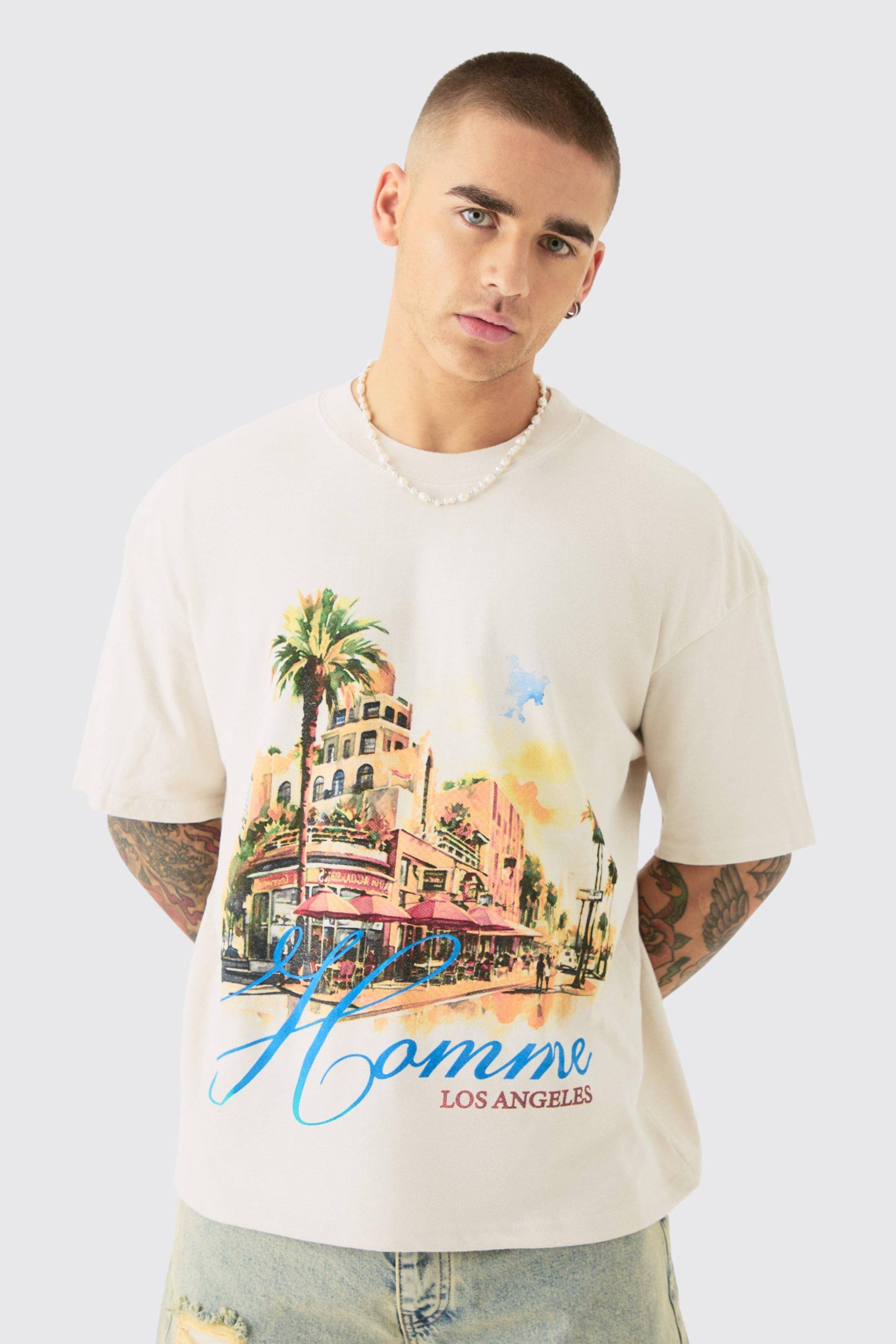 Oversized Boxy Homme Landscape Print Wash T-Shirt - Ecru - M, Ecru von boohoo