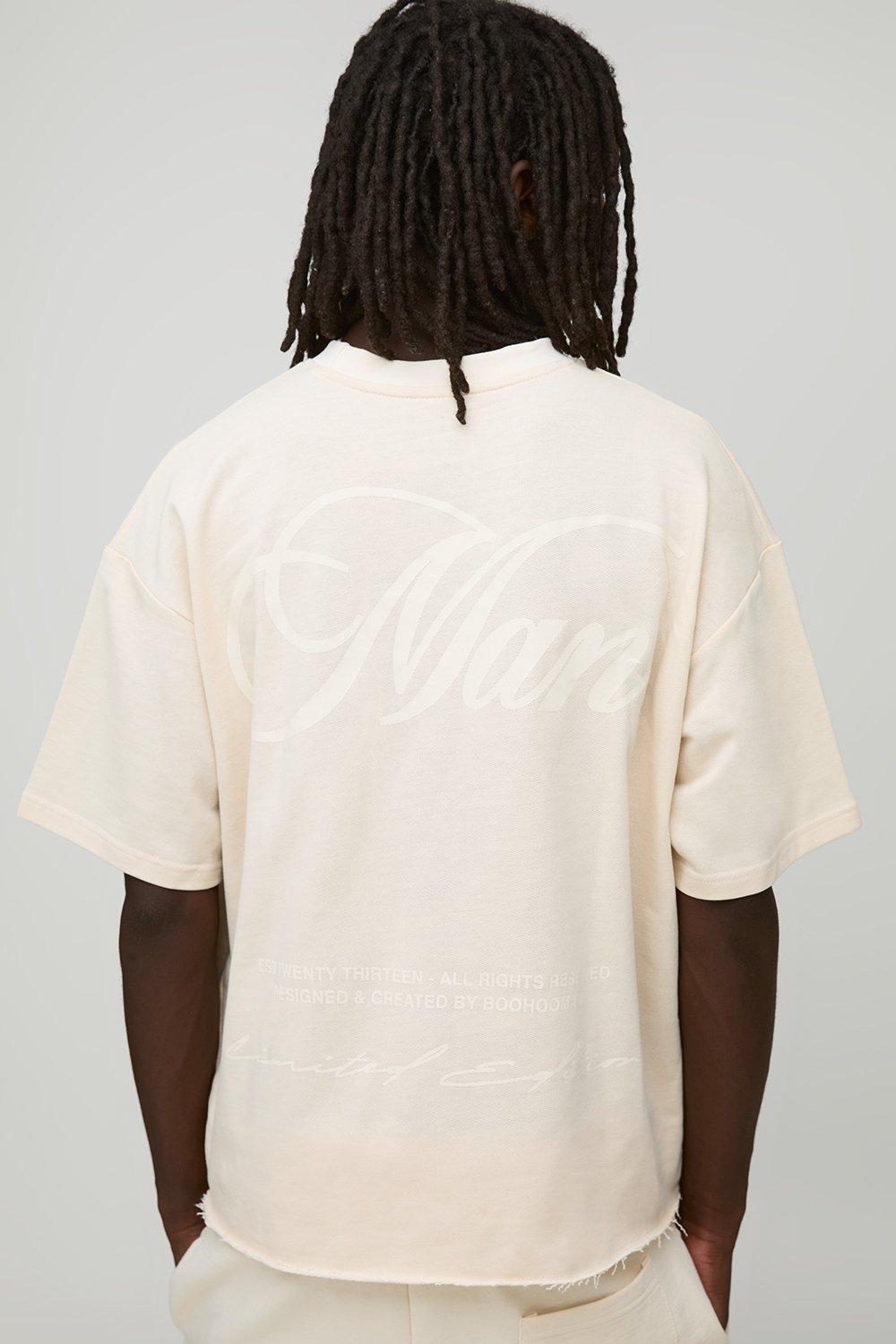 Oversized Boxy Loopback Man Script Distressed T-Shirt - Stone - M, Stone von boohoo