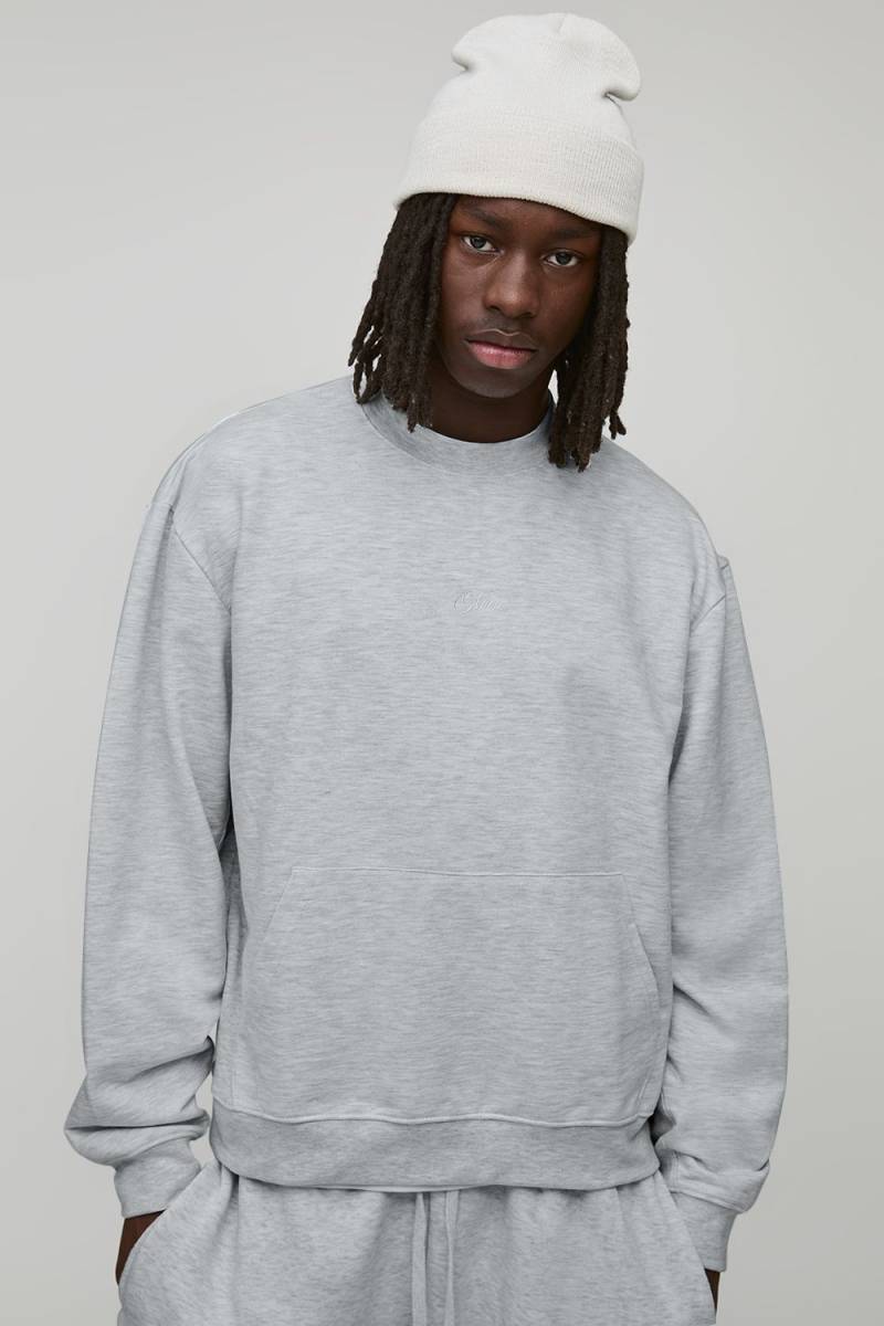 Oversized Boxy Loopback Man Script Embroidered Extended Neck Sweatshirt - Grey Marl - S, Grey Marl von boohoo