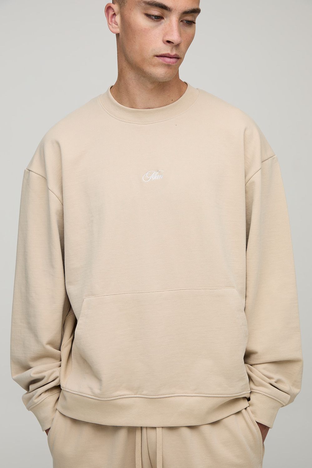 Oversized Boxy Loopback Man Script Embroidered Extended Neck Sweatshirt - Stone - S, Stone von boohoo