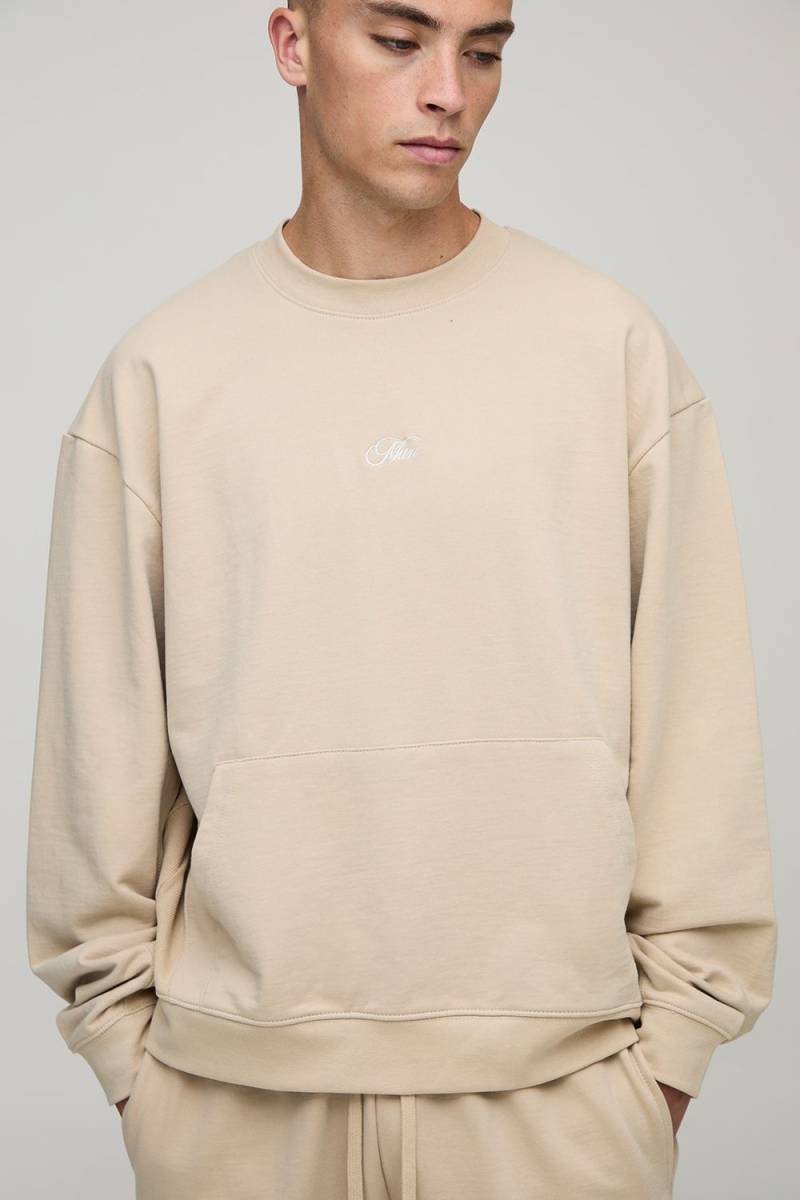 Oversized Boxy Loopback Man Script Embroidered Extended Neck Sweatshirt - Stone - Xl, Stone von boohoo