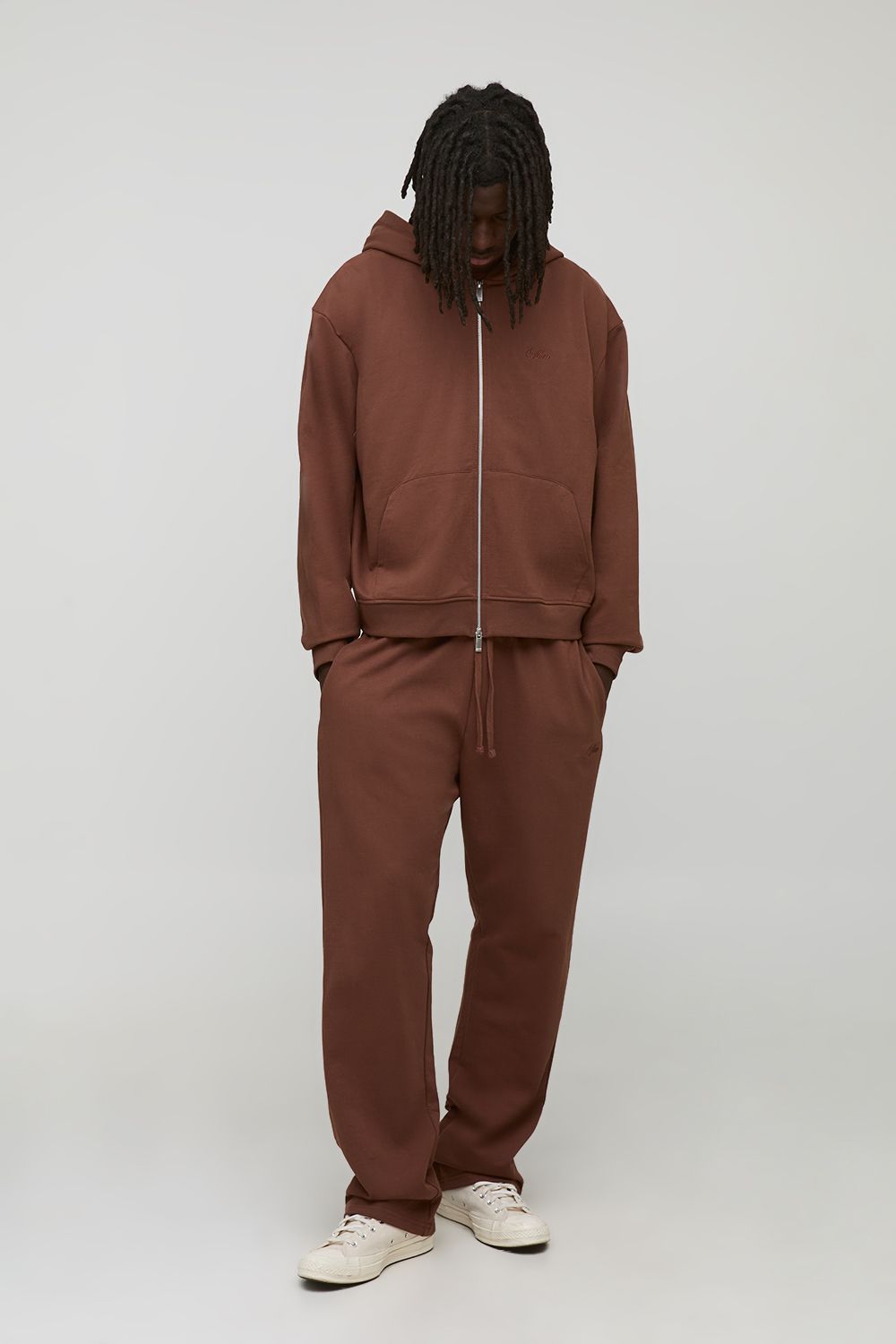 Oversized Boxy Loopback Man Script Embroidered Zip Through Hoodie Tracksuit - Chocolate - M, Chocolate von boohoo