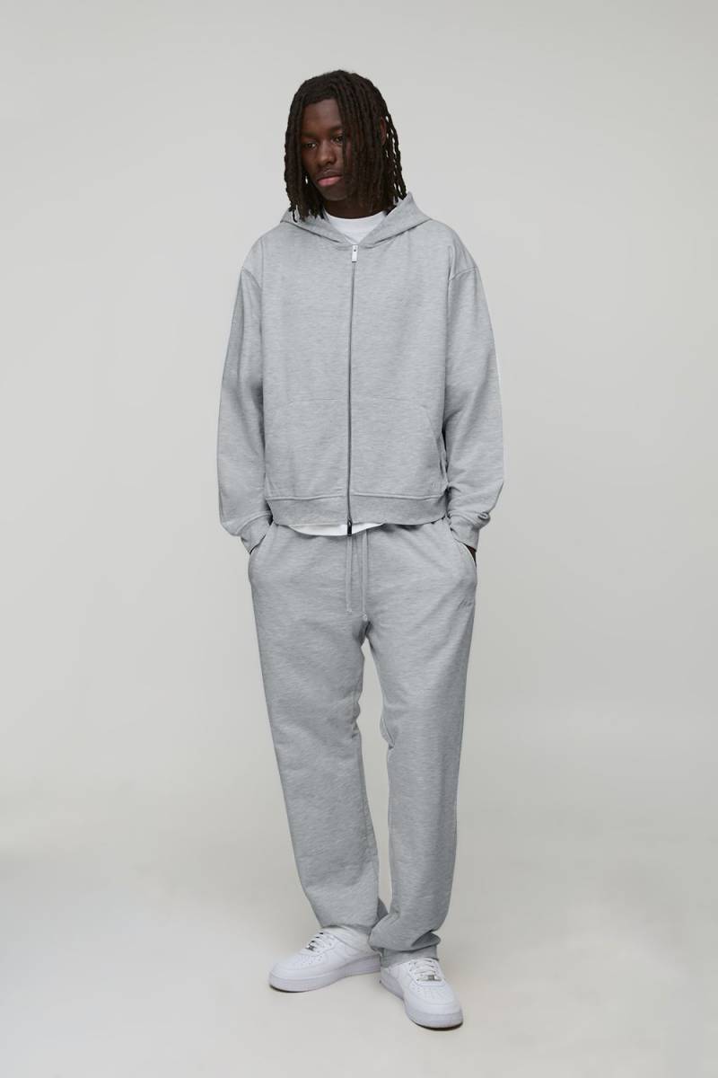Oversized Boxy Loopback Man Script Embroidered Zip Through Hoodie Tracksuit - Grey Marl - M, Grey Marl von boohoo