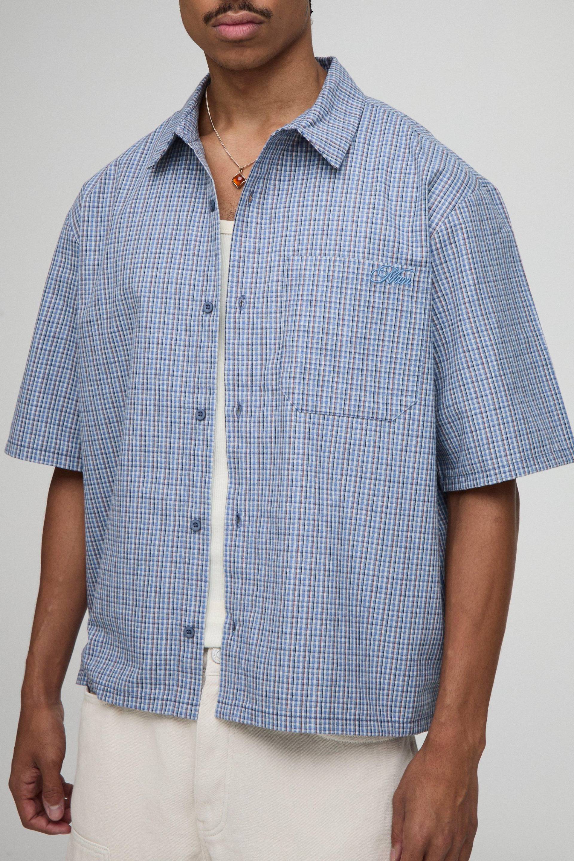 Oversized Boxy Man Embroidered Micro Check Shirt - Blue - M, Blue von boohoo