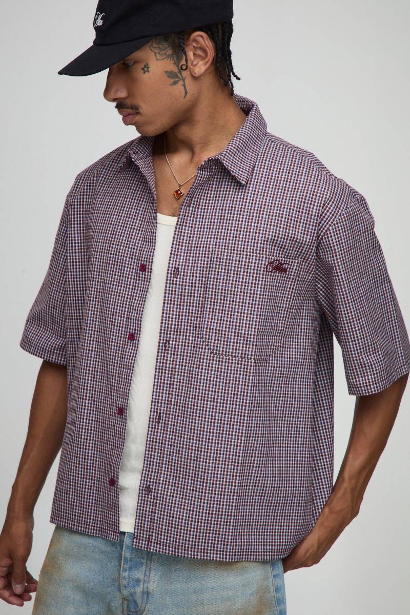Oversized Boxy Man Embroidered Micro Check Shirt - L, Red von boohoo