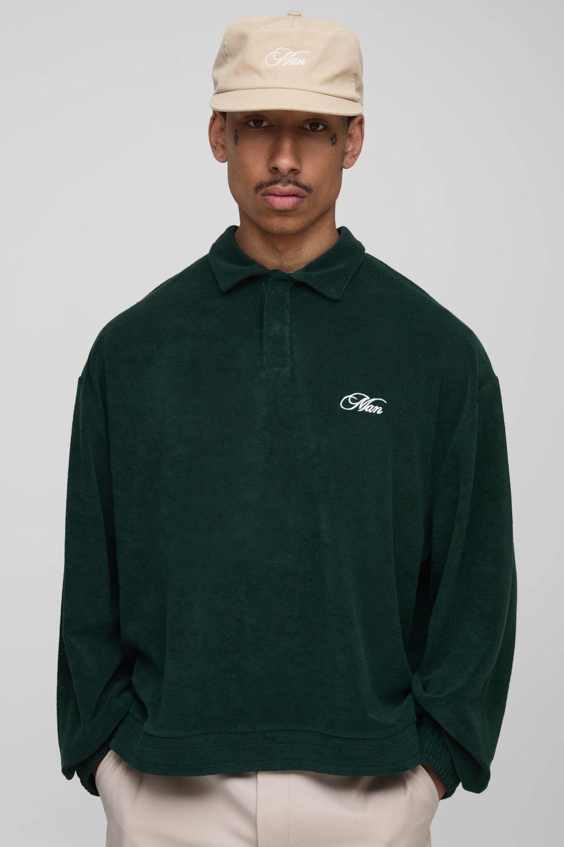 Oversized Boxy Man Embroidered Towelling Long Sleeve Polo - Forest - L, Forest von boohoo
