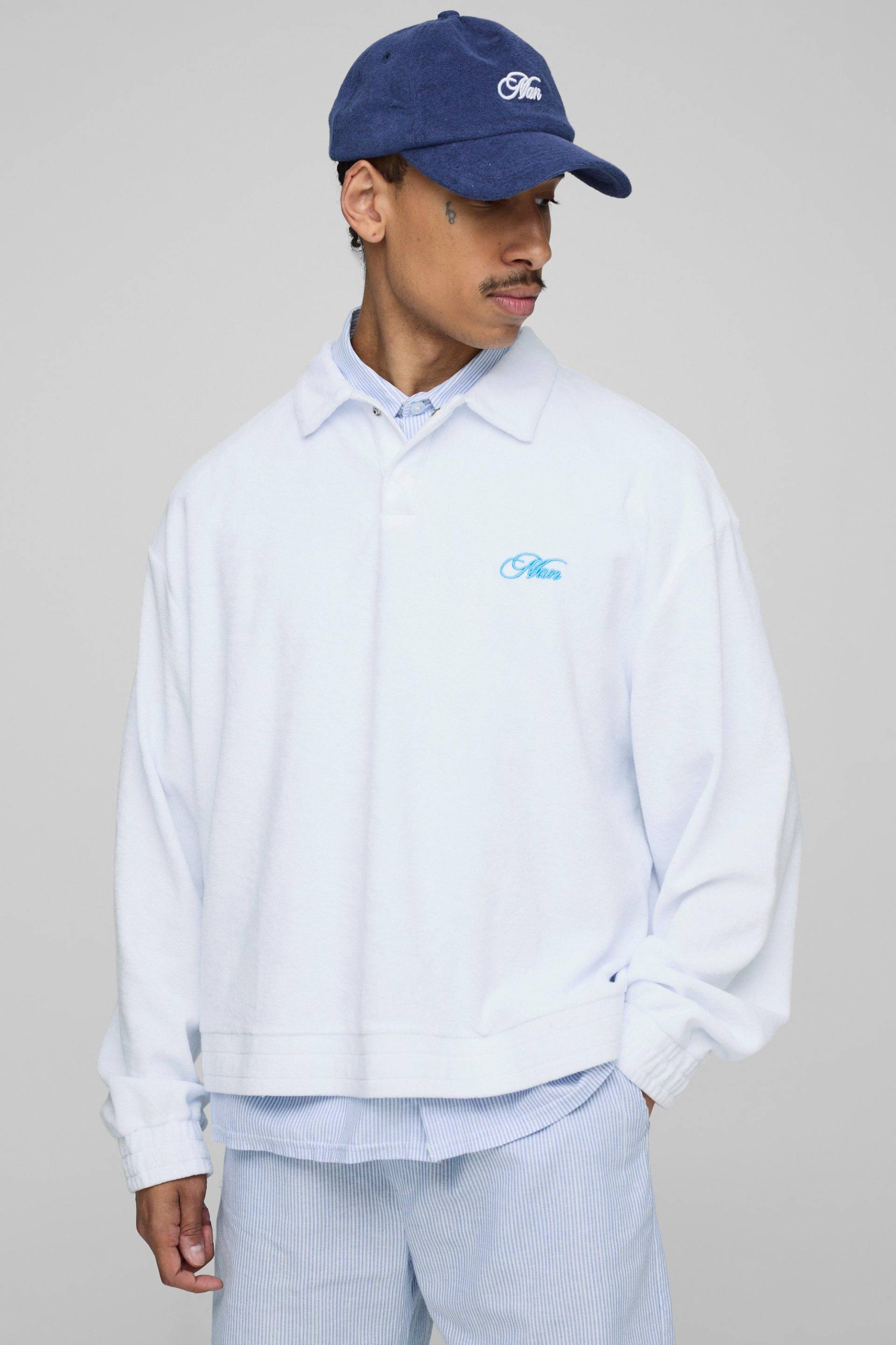Oversized Boxy Man Embroidered Towelling Long Sleeve Polo - White - M, White Oversized Boxy Man Embroidered Towelling Long Sleeve Polo - White - M, White von boohoo