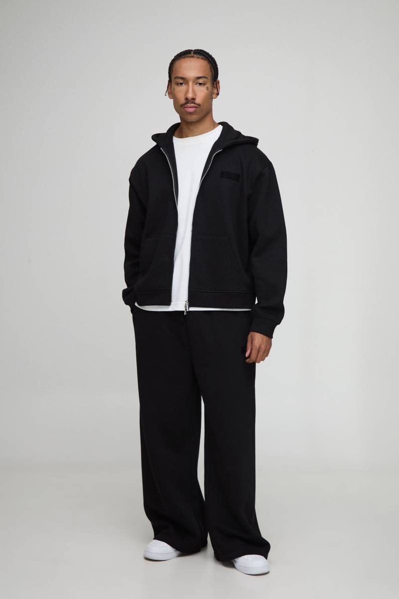 Oversized Boxy Man Hooded Zip Through Wide Leg Tracksuit - Black - L, Black von boohoo