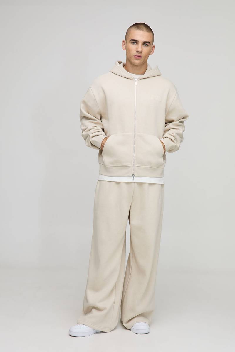 Oversized Boxy Man Hooded Zip Through Wide Leg Tracksuit - Stone - L, Stone von boohoo