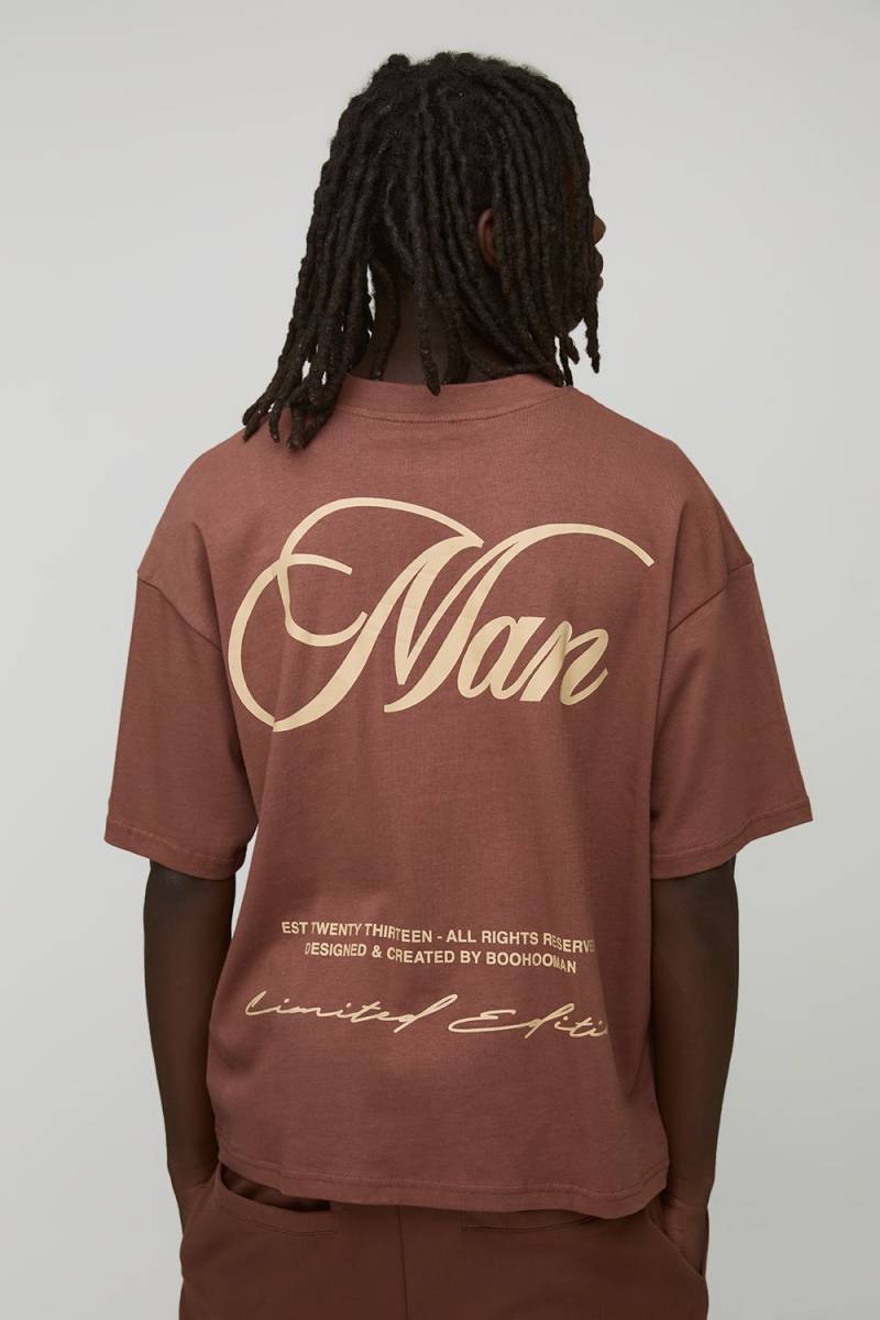Oversized Boxy Man Script Embroidered T-Shirt - Chocolate - M, Chocolate von boohoo
