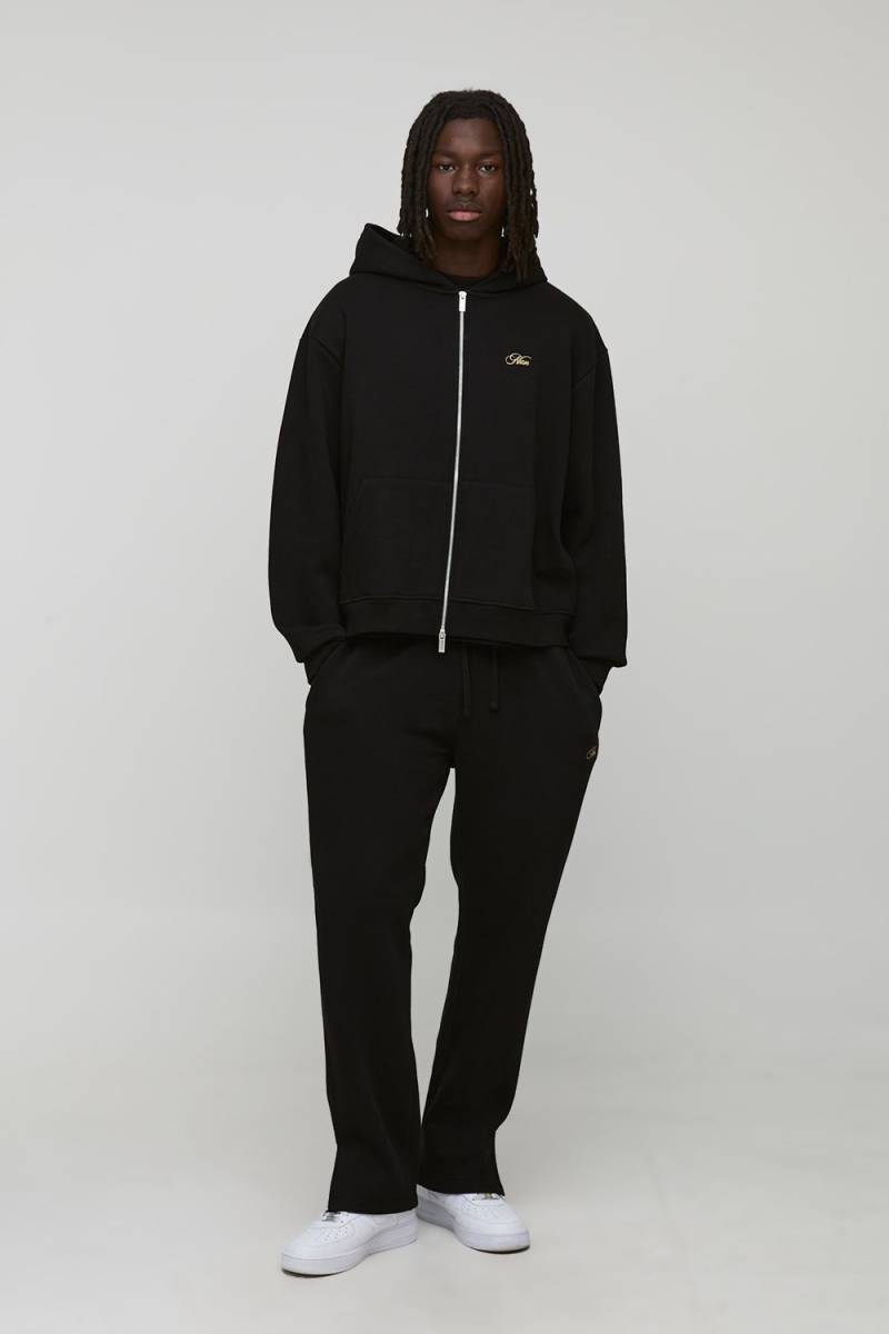 Oversized Boxy Man Script Embroidered Zip Through Hoodie Tracksuit - Black - L, Black von boohoo