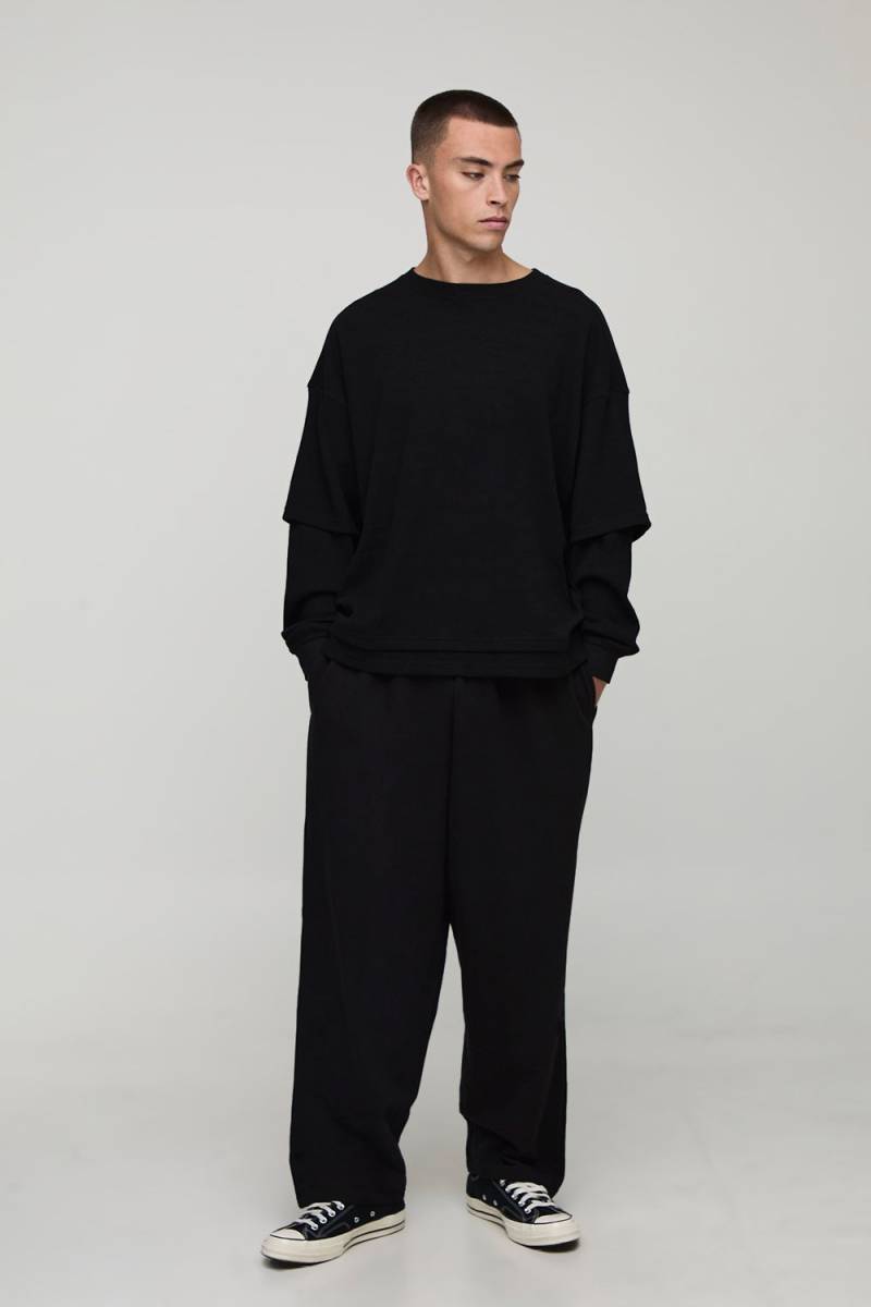 Oversized Boxy Man Script Faux Layer Waffle T-Shirt And Balloon Jogger Set - Black - L, Black von boohoo