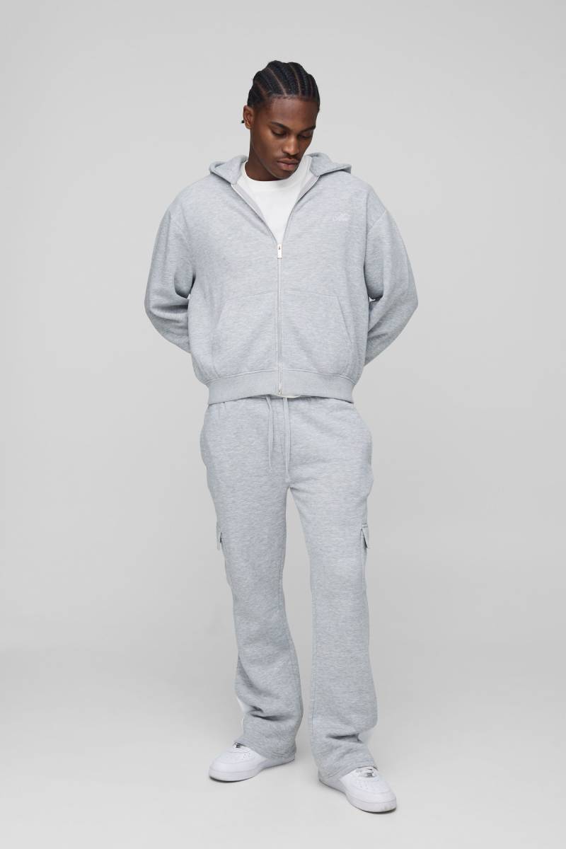 Oversized Boxy Man Script Zip Through Gusset Tracksuit - Grey Marl - M, Grey Marl von boohoo