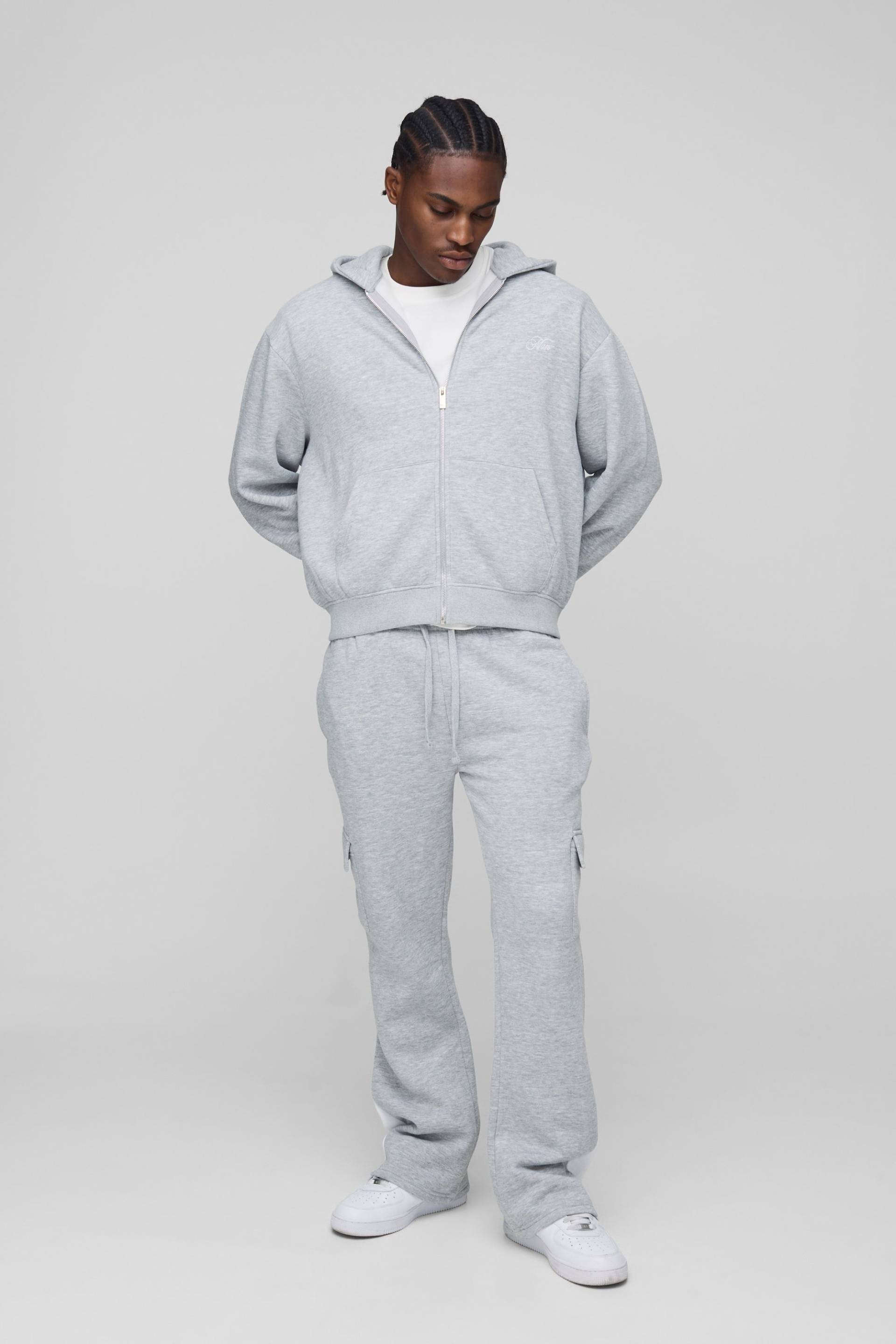 Oversized Boxy Man Script Zip Through Gusset Tracksuit - Grey Marl - Xl, Grey Marl von boohoo