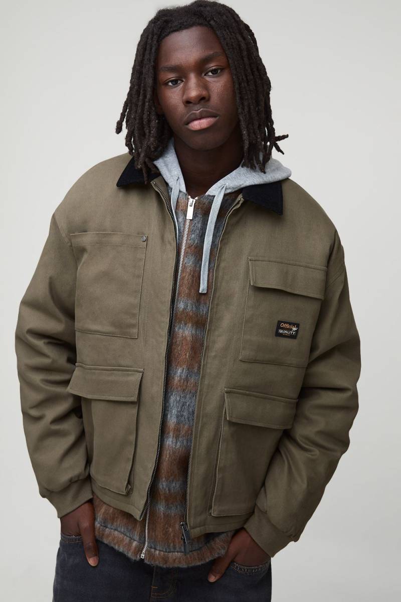 Oversized Boxy Overdyed Cargo Quilted Denim Jacket - Dark Green - M, Dark Green Oversized Boxy Overdyed Cargo Quilted Denim Jacket - Dark Green - M, Dark Green von boohoo