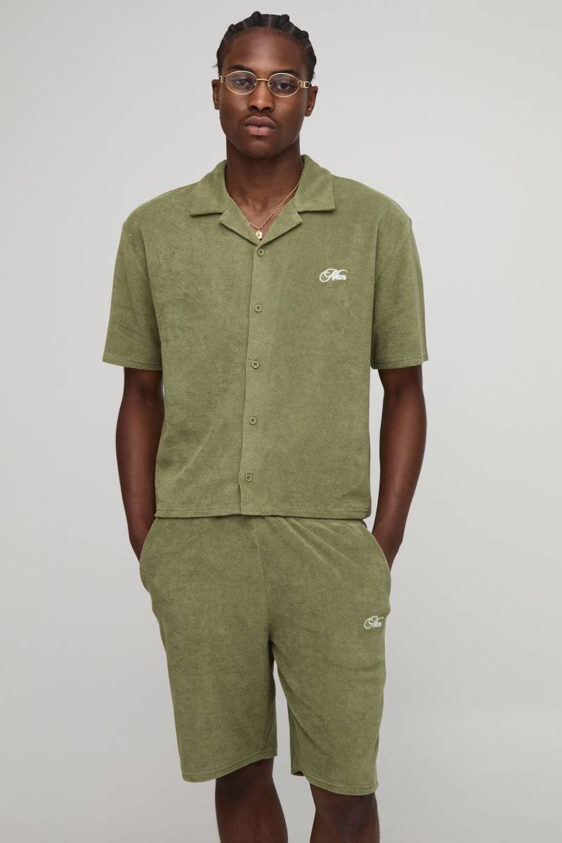 Oversized Boxy Revere Man Embroidered Towelling Shirt & Short Set - Sage - M, Sage von boohoo