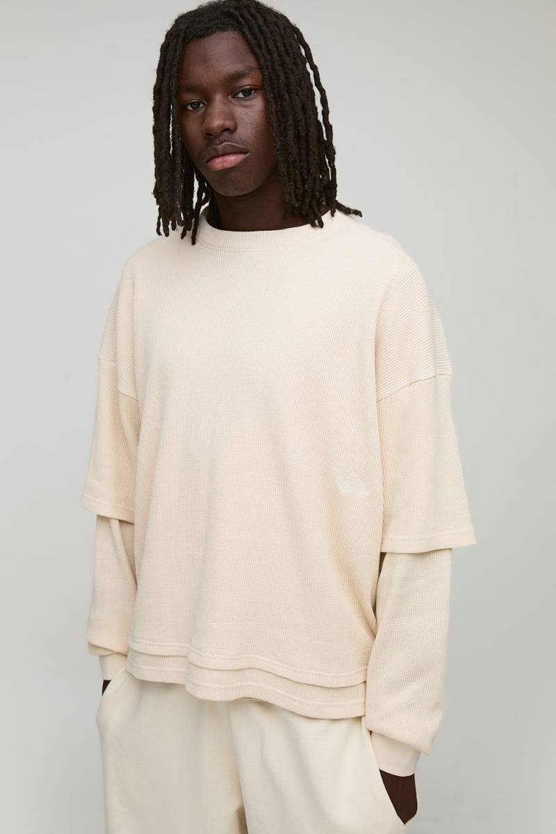 Oversized Boxy Waffle Man Script Embroidered Faux Layer T-Shirt - Stone - M, Stone von boohoo