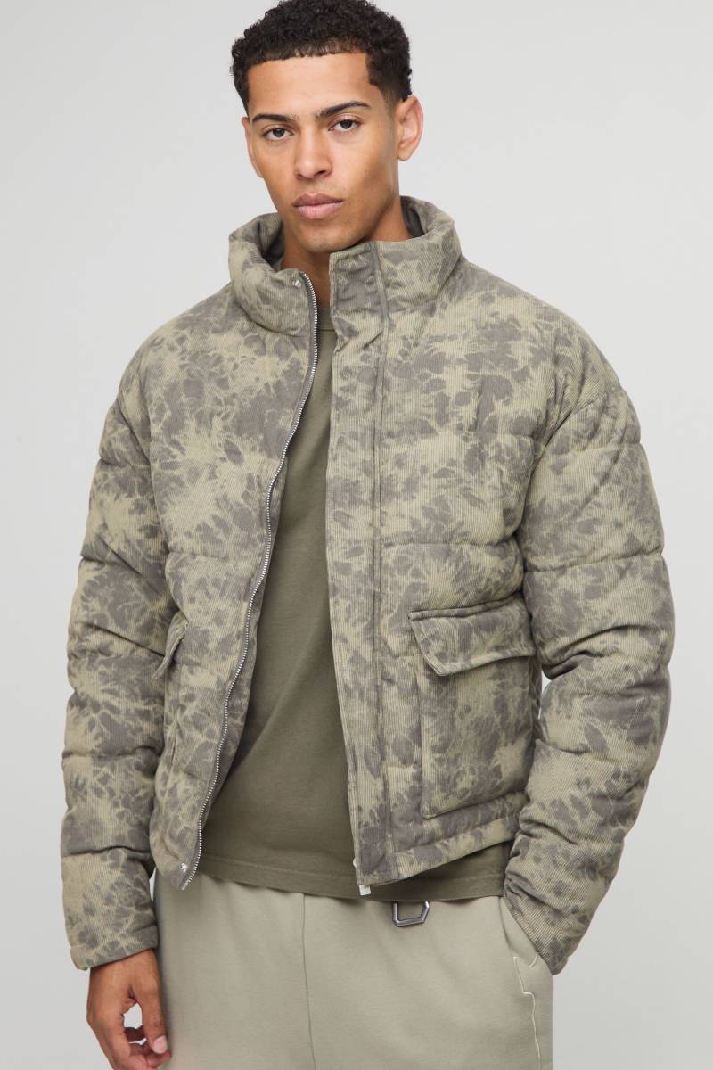 Oversized Boxy Washed Cord Puffer Jacket - Olive - Xl, Olive von boohoo